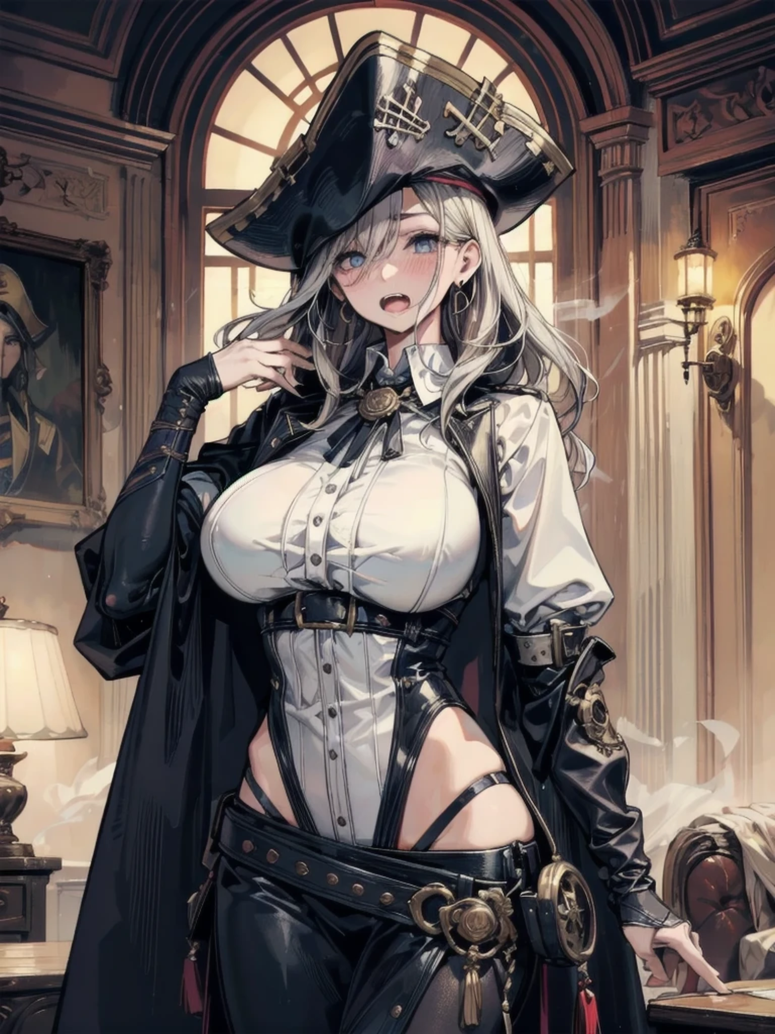 all the intricate details: "(16 years old, White steampunk victorian short dress and top hat, firm chest, medium breasts, sexy woman, natural side lighting, high contrast, canon eos camera, 50mm professional lens)"
