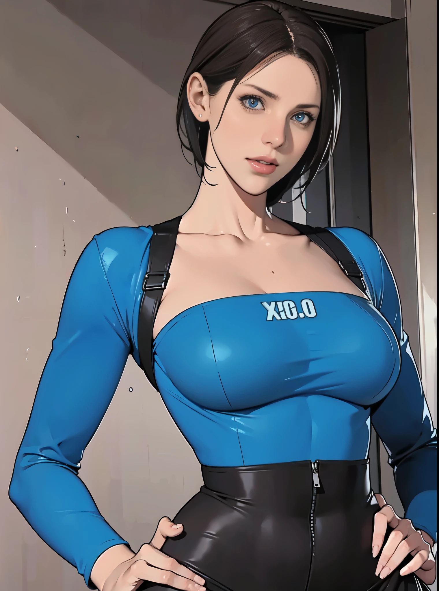 jill Valentine，Jill Valentine， delicate face ， pretty eyes，outfits，Slim waist，Hands on hips，Good figure， perfect figure ，masterpiece