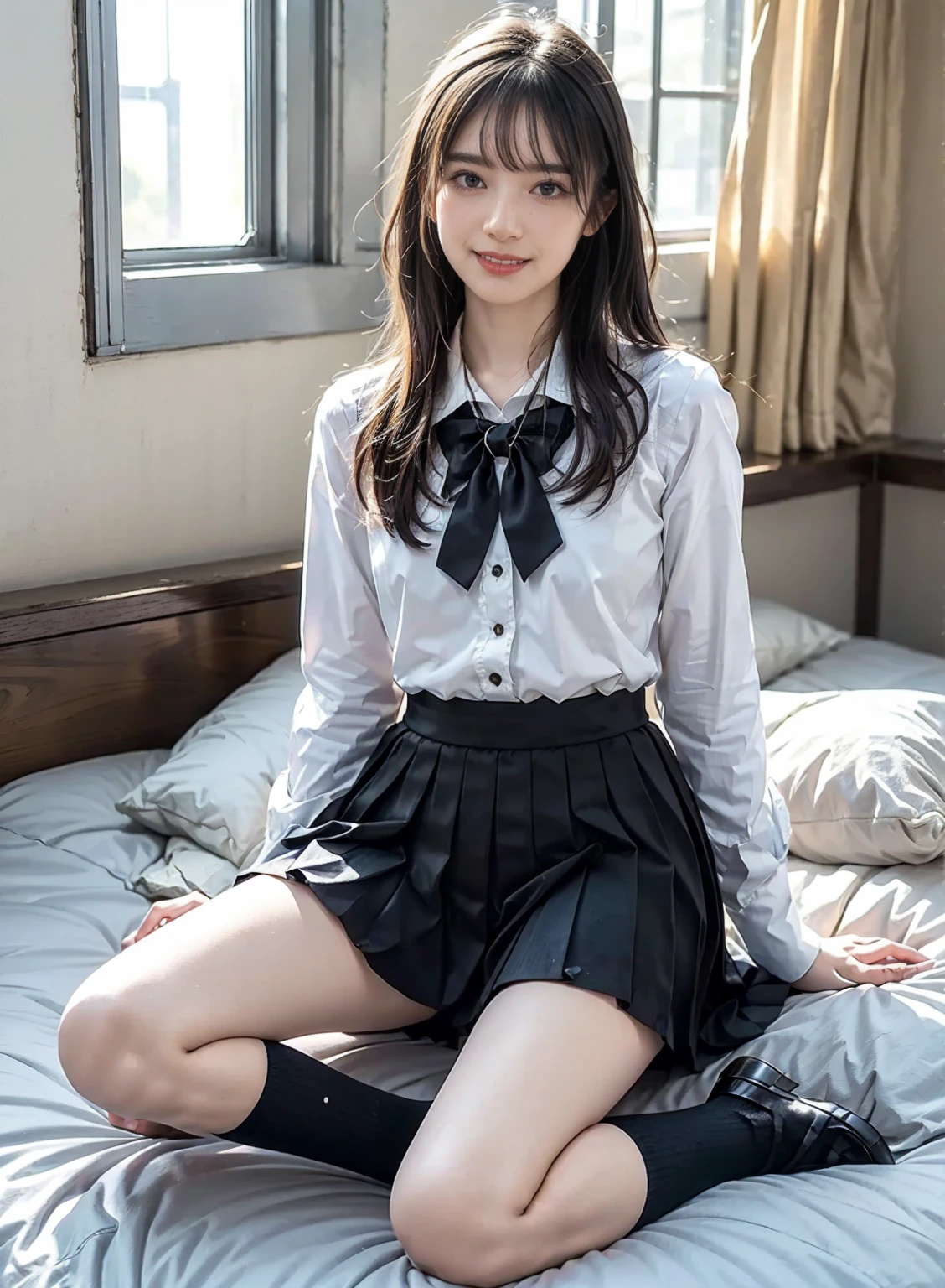 very cute and beautiful girl,(highly detailed beautiful face),(smile:1.2),blush,looking at viewer, (white blouse with detailed frills),long sleeve BREAK sitting on white bed sheet,spread legs,white panties, hair ribbon,black hair,(scarlet plaid mini skirt) BREAK antique bed room,victorian natural color furnitures, (best quality,masterpiece:1.2),absurdres,highres,ultra-detailed,extremely detailed,32k,8k resolution, intricate details,cinematic scene,detailed background,solo,dynamic angle,perfect hands,