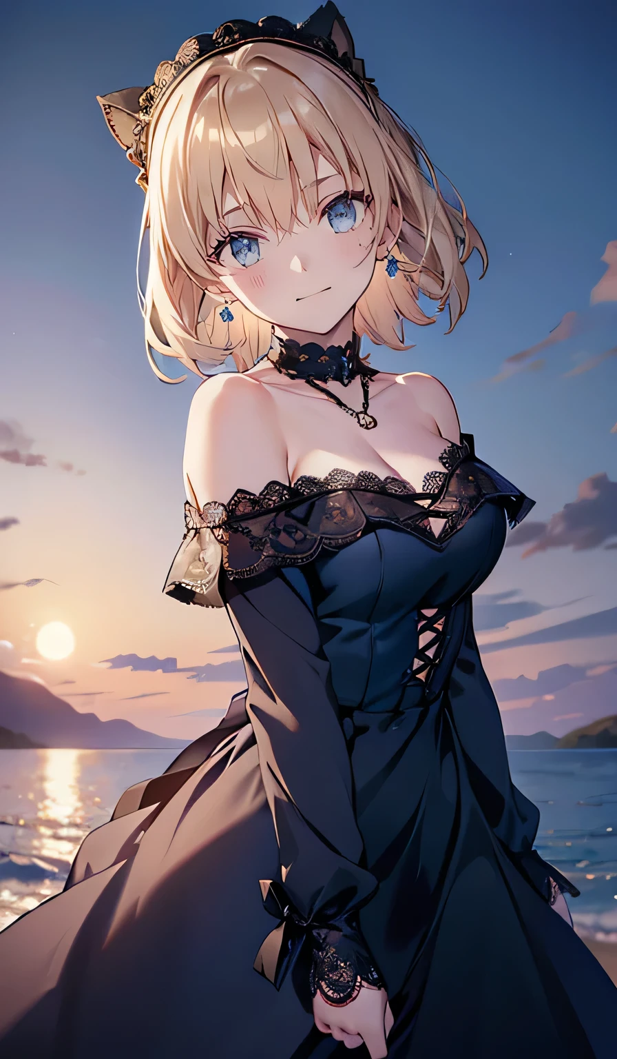 ((smile,smile,Busty Breasts,Blonde)),(  top quality,4K,  High Definition :1.2),   Melody Mark, absurd ,  ultra-detailed,  bright color , (Black off shoulder lace up dress:1.5) , asymmetrical bang ,  Blonde,  shiny hair, Delicate beautiful face, blush、( deep blue eyes:1.3),  white skin,  hair clip,  earrings for a woman alone,   Necklaces  , Beautiful Clouds, Clear sky,Seaside, sexy pose , moon,Sexy Costumes