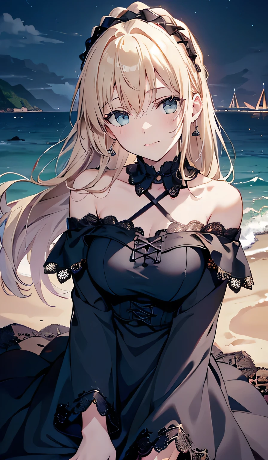 ((smile,smile,Busty Breasts,Blonde)),(  top quality,4K,  High Definition :1.2),   Melody Mark, absurd ,  ultra-detailed,  bright color , (Black off shoulder lace up dress:1.5) , asymmetrical bang ,  Blonde,  shiny hair, Delicate beautiful face, blush、( deep blue eyes:1.3),  white skin,  hair clip,  earrings for a woman alone,   Necklaces  , Beautiful Clouds, Clear sky,Seaside, sexy pose , moon,Sexy Costumes