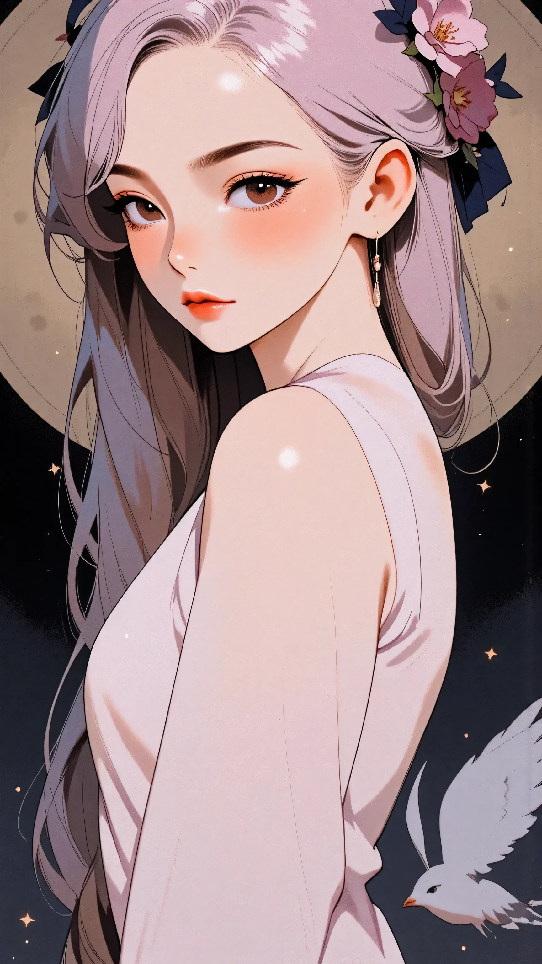 (Japanese girl:1.3), beautiful detailed eyes, beautiful detailed lips, extremely detailed eyes and face, long eyelashes, upper body, from side, looking at viewer, (fractal art:1.3), (rainbow color hair, colorful hair, half pink and half gold hair:1.2), water, liquid, cloud, colorful, starry, stars, (best quality, 4k, 8k, highres, masterpiece:1.2), ultra-detailed, (realistic, photorealistic, photo-realistic:1.37), vibrant colors, studio lighting, extremely detailed description, professional, concept art, surreal, 1920s french vibe, monochromatic gold and pink palette, in the style of french illustrator moebius, 