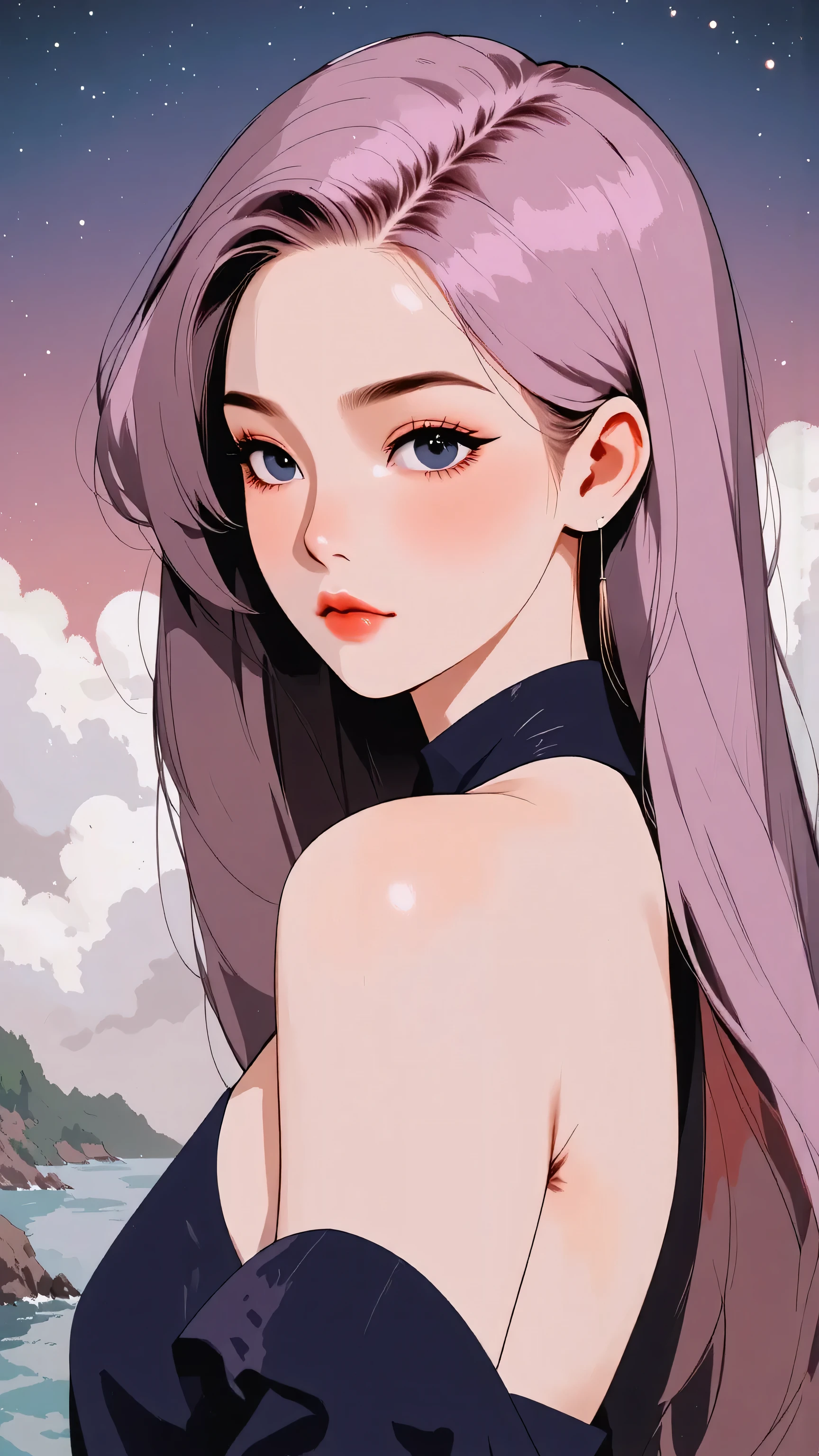 (Japanese girl:1.3), beautiful detailed eyes, beautiful detailed lips, extremely detailed eyes and face, long eyelashes, upper body, from side, looking at viewer, (fractal art:1.3), (rainbow color hair, colorful hair, half pink and half gold hair:1.2), water, liquid, cloud, colorful, starry, stars, (best quality, 4k, 8k, highres, masterpiece:1.2), ultra-detailed, (realistic, photorealistic, photo-realistic:1.37), vibrant colors, studio lighting, extremely detailed description, professional, concept art, surreal, 1920s french vibe, monochromatic gold and pink palette, in the style of french illustrator moebius, 