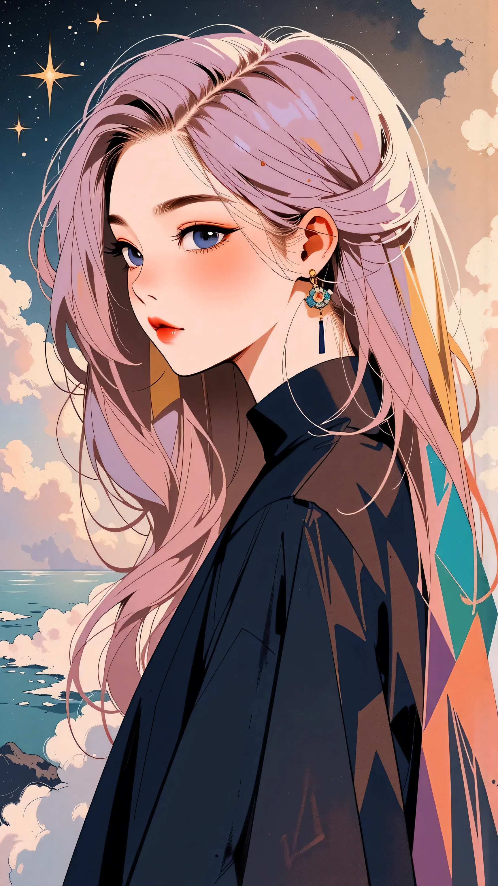 (Japanese girl:1.3), beautiful detailed eyes, beautiful detailed lips, extremely detailed eyes and face, long eyelashes, upper body, from side, looking at viewer, (fractal art:1.3), (rainbow color hair, colorful hair, half pink and half gold hair:1.2), water, liquid, cloud, colorful, starry, stars, (best quality, 4k, 8k, highres, masterpiece:1.2), ultra-detailed, (realistic, photorealistic, photo-realistic:1.37), vibrant colors, studio lighting, extremely detailed description, professional, concept art, surreal, 1920s french vibe, monochromatic gold and pink palette, in the style of french illustrator moebius, 