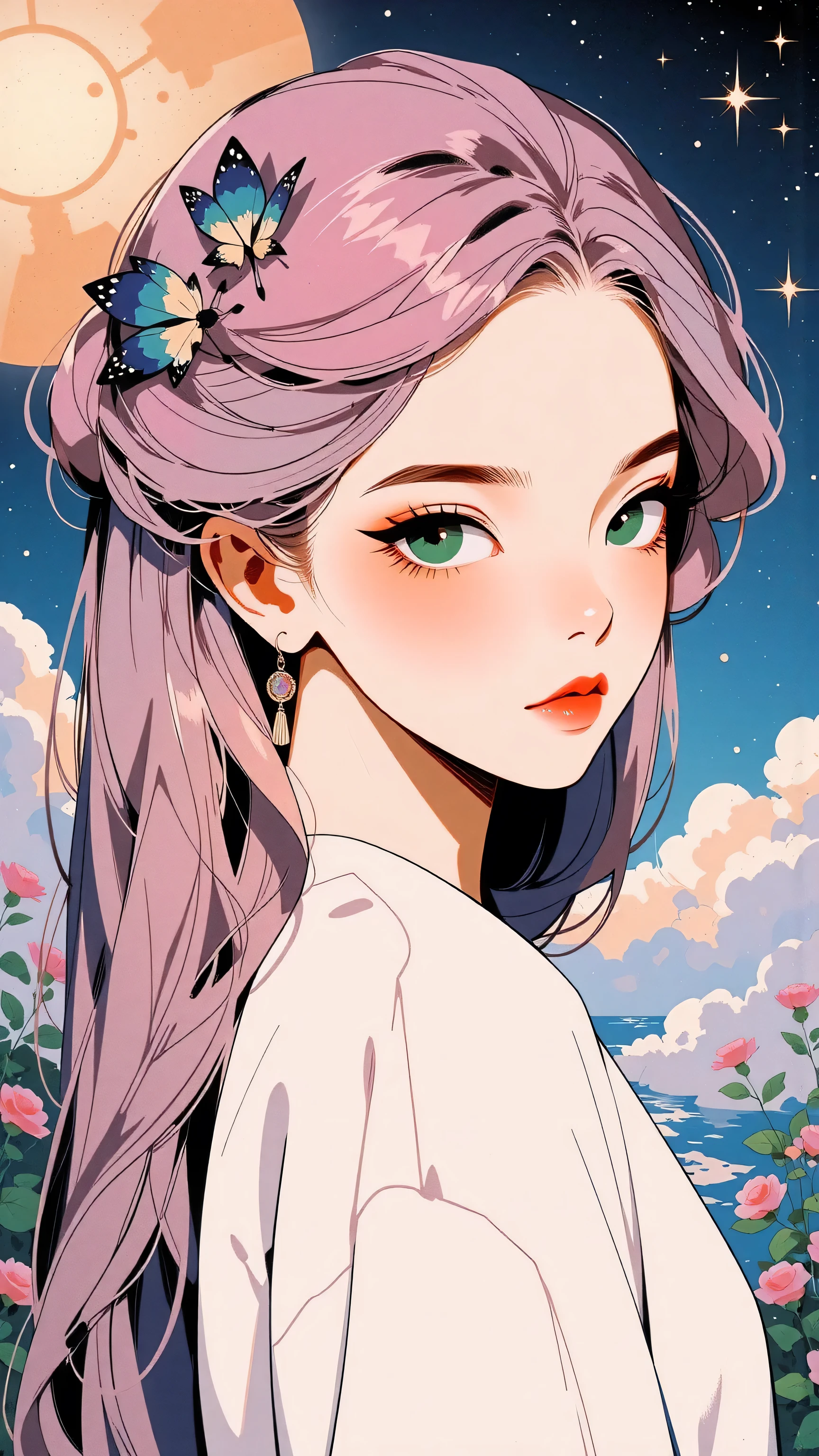 (Japanese girl:1.3), beautiful detailed eyes, beautiful detailed lips, extremely detailed eyes and face, long eyelashes, upper body, from side, looking at viewer, (fractal art:1.3), (rainbow color hair, colorful hair, half pink and half gold hair:1.2), water, liquid, cloud, colorful, starry, stars, (best quality, 4k, 8k, highres, masterpiece:1.2), ultra-detailed, (realistic, photorealistic, photo-realistic:1.37), vibrant colors, studio lighting, extremely detailed description, professional, concept art, surreal, 1920s french vibe, monochromatic gold and pink palette, in the style of french illustrator moebius, 