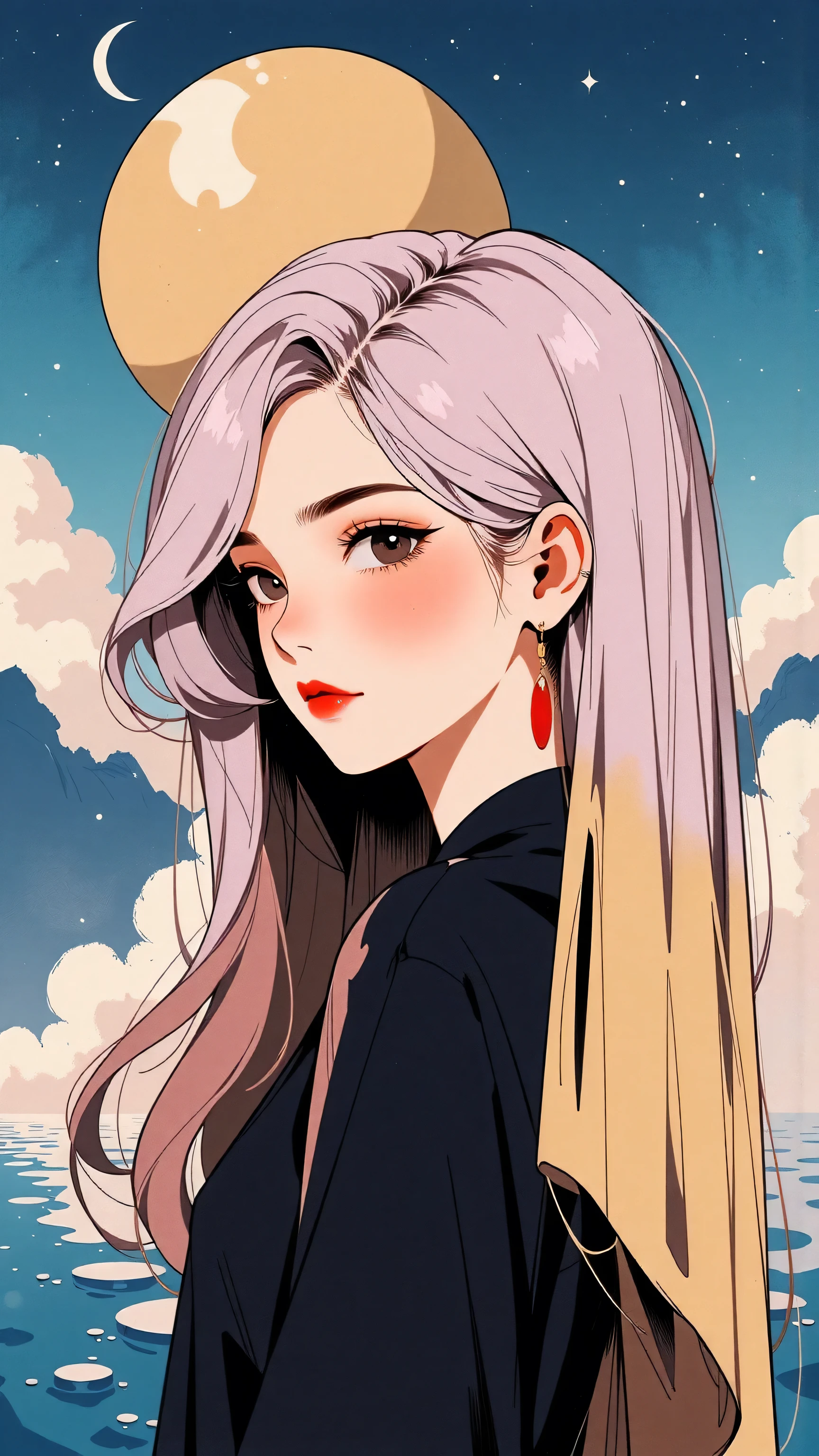 (Japanese girl:1.3), beautiful detailed eyes, beautiful detailed lips, extremely detailed eyes and face, long eyelashes, upper body, from side, looking at viewer, (fractal art:1.3), (rainbow color hair, colorful hair, half pink and half gold hair:1.2), water, liquid, cloud, colorful, starry, stars, (best quality, 4k, 8k, highres, masterpiece:1.2), ultra-detailed, (realistic, photorealistic, photo-realistic:1.37), vibrant colors, studio lighting, extremely detailed description, professional, concept art, surreal, 1920s french vibe, monochromatic gold and pink palette, in the style of french illustrator moebius, 