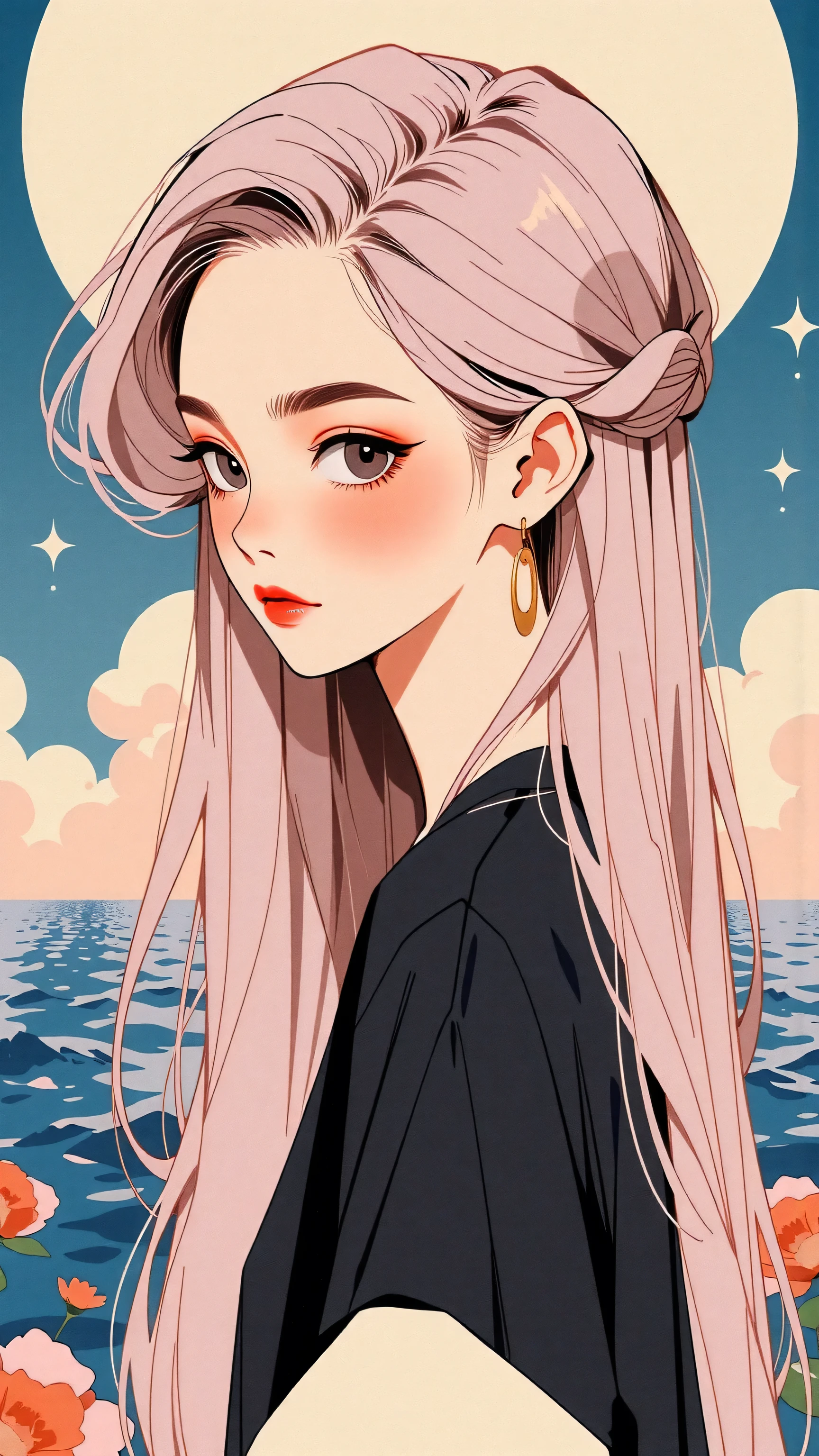 (Japanese girl:1.3), beautiful detailed eyes, beautiful detailed lips, extremely detailed eyes and face, long eyelashes, upper body, from side, looking at viewer, (fractal art:1.3), (rainbow color hair, colorful hair, half pink and half gold hair:1.2), water, liquid, cloud, colorful, starry, stars, (best quality, 4k, 8k, highres, masterpiece:1.2), ultra-detailed, (realistic, photorealistic, photo-realistic:1.37), vibrant colors, studio lighting, extremely detailed description, professional, concept art, surreal, 1920s french vibe, monochromatic gold and pink palette, in the style of french illustrator moebius, 