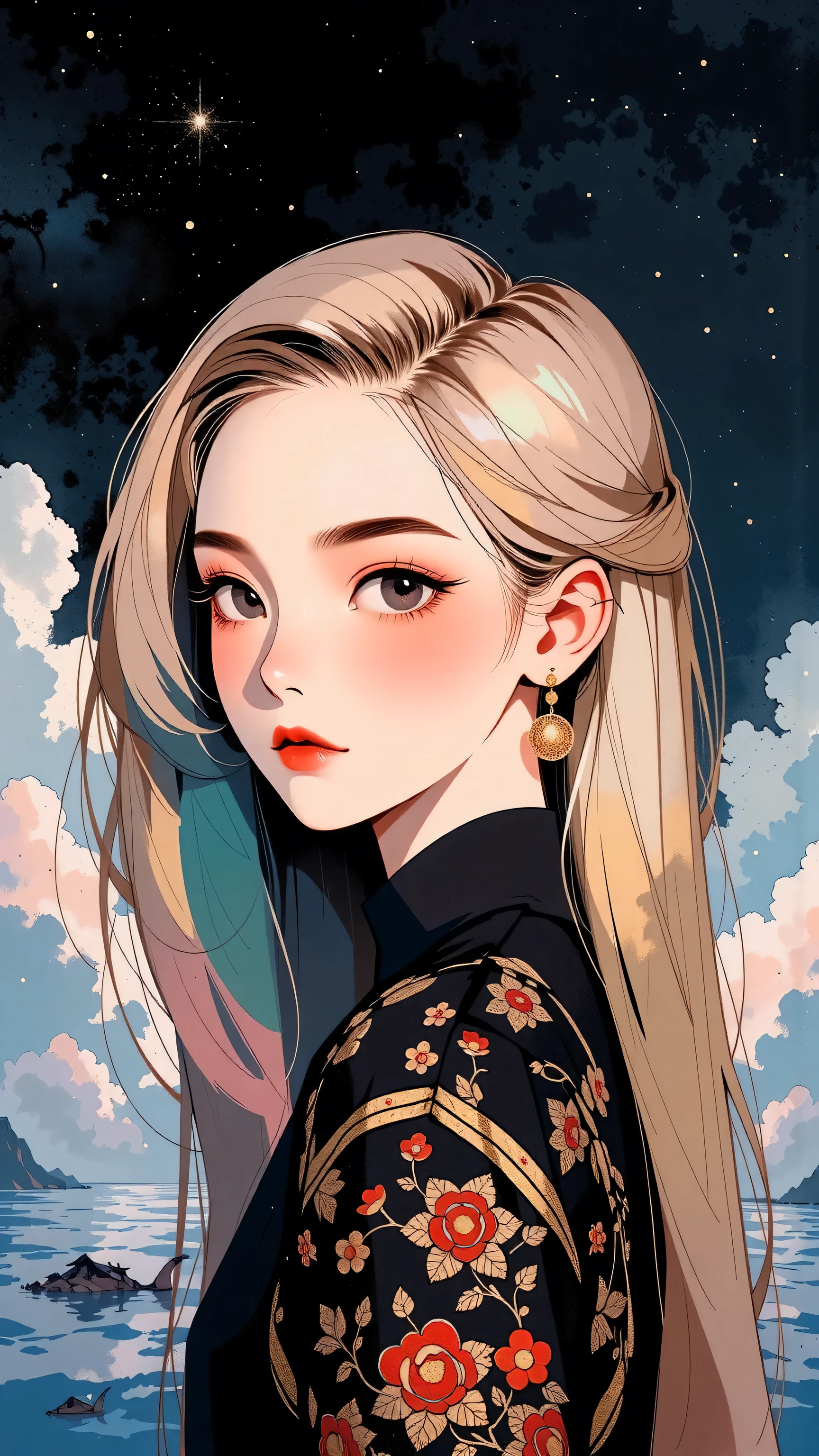 (Japanese girl:1.3), beautiful detailed eyes, beautiful detailed lips, extremely detailed eyes and face, long eyelashes, upper body, from side, looking at viewer, (fractal art:1.3), (rainbow color hair, colorful hair, half pink and half gold hair:1.2), water, liquid, cloud, colorful, starry, stars, (best quality, 4k, 8k, highres, masterpiece:1.2), ultra-detailed, (realistic, photorealistic, photo-realistic:1.37), vibrant colors, studio lighting, extremely detailed description, professional, concept art, surreal, 1920s french vibe, monochromatic gold and pink palette, in the style of french illustrator moebius, 