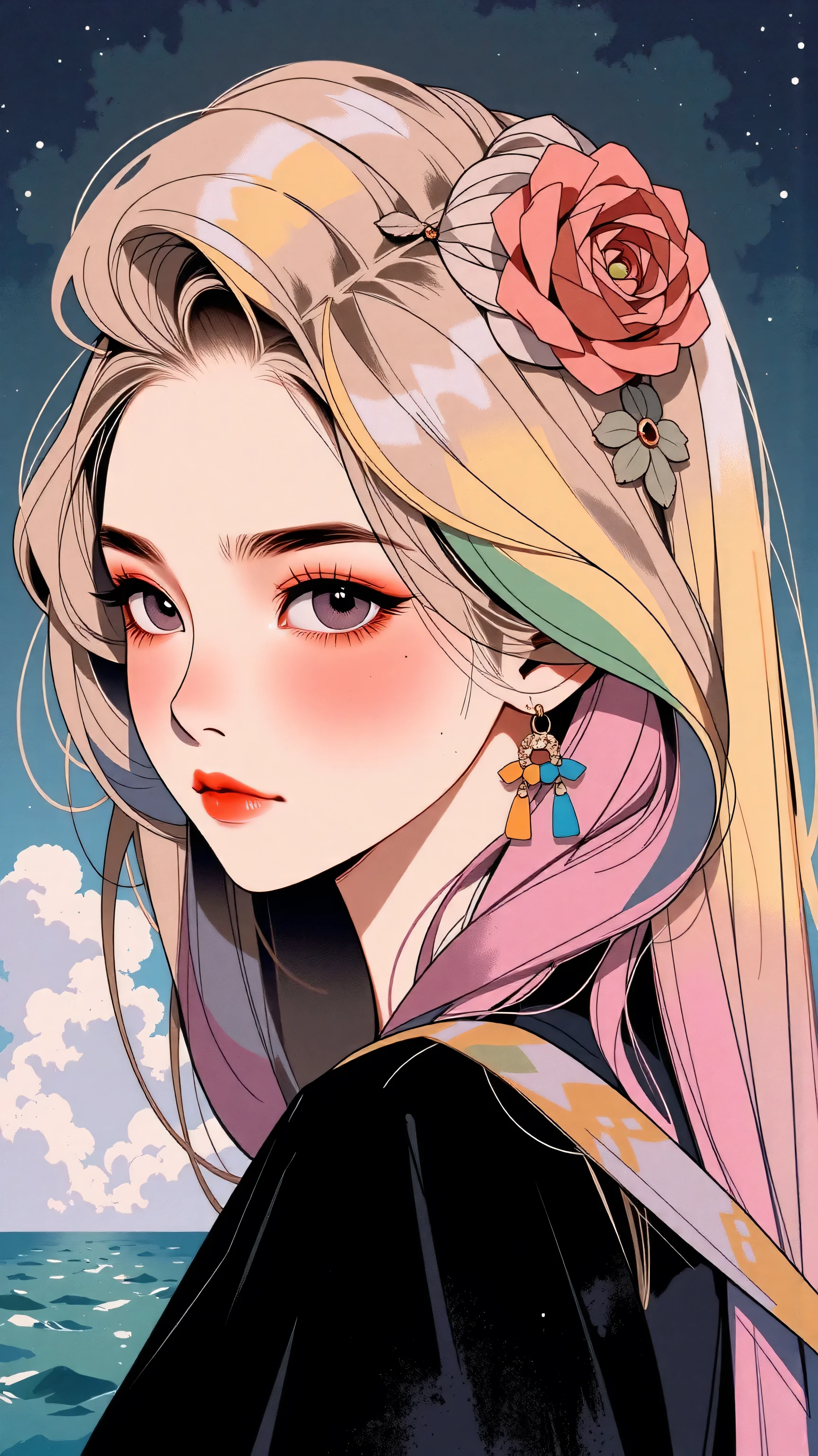 (Japanese girl:1.3), beautiful detailed eyes, beautiful detailed lips, extremely detailed eyes and face, long eyelashes, upper body, from side, looking at viewer, (fractal art:1.3), (rainbow color hair, colorful hair, half pink and half gold hair:1.2), water, liquid, cloud, colorful, starry, stars, (best quality, 4k, 8k, highres, masterpiece:1.2), ultra-detailed, (realistic, photorealistic, photo-realistic:1.37), vibrant colors, studio lighting, extremely detailed description, professional, concept art, surreal, 1920s french vibe, monochromatic gold and pink palette, in the style of french illustrator moebius, 