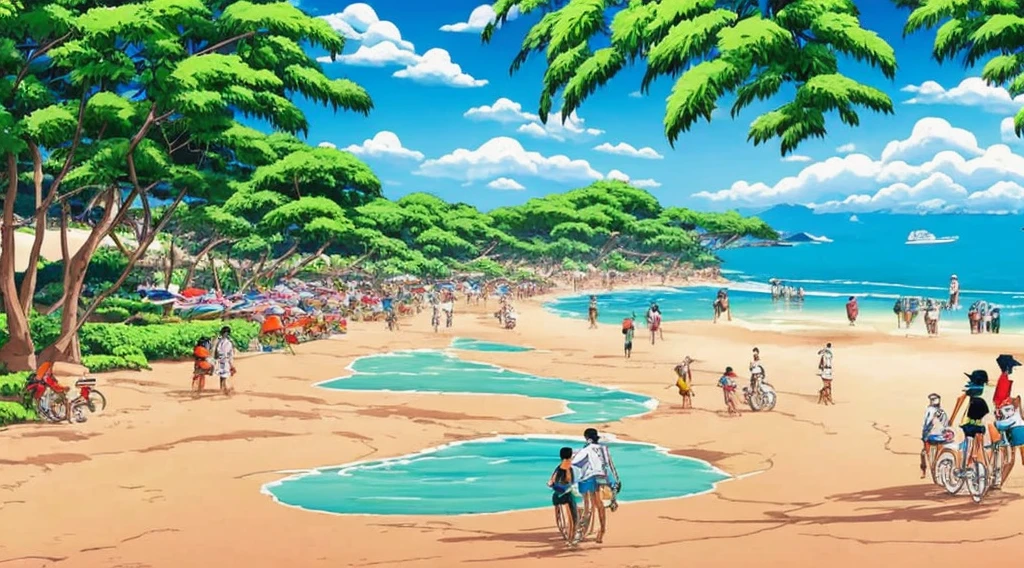 cartoon of a beach scene with people walking and riding bicycles, rio de janeiro in an anime film, by Hiroshi Nagai, by Hirohiko Araki, by Candido Bido, by Yanagawa Nobusada, by Hiroshi Honda, laurent durieux, by Nakahara Nantenbō, by Watanabe Kazan