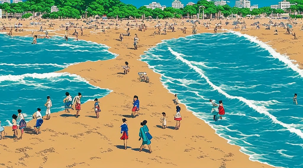 cartoon of a beach scene with people walking and riding bicycles, rio de janeiro in an anime film, by Hiroshi Nagai, by Hirohiko Araki, by Candido Bido, by Yanagawa Nobusada, by Hiroshi Honda, laurent durieux, by Nakahara Nantenbō, by Watanabe Kazan