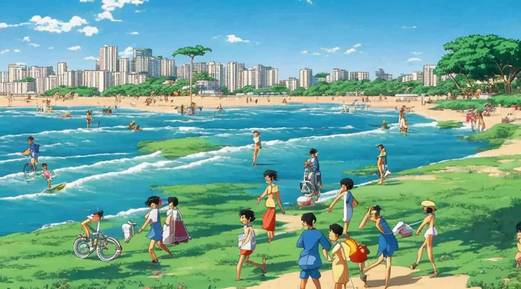 cartoon of a beach scene with people walking and riding bicycles, rio de janeiro in an anime film, by Hiroshi Nagai, by Hirohiko Araki, by Candido Bido, by Yanagawa Nobusada, by Hiroshi Honda, laurent durieux, by Nakahara Nantenbō, by Watanabe Kazan