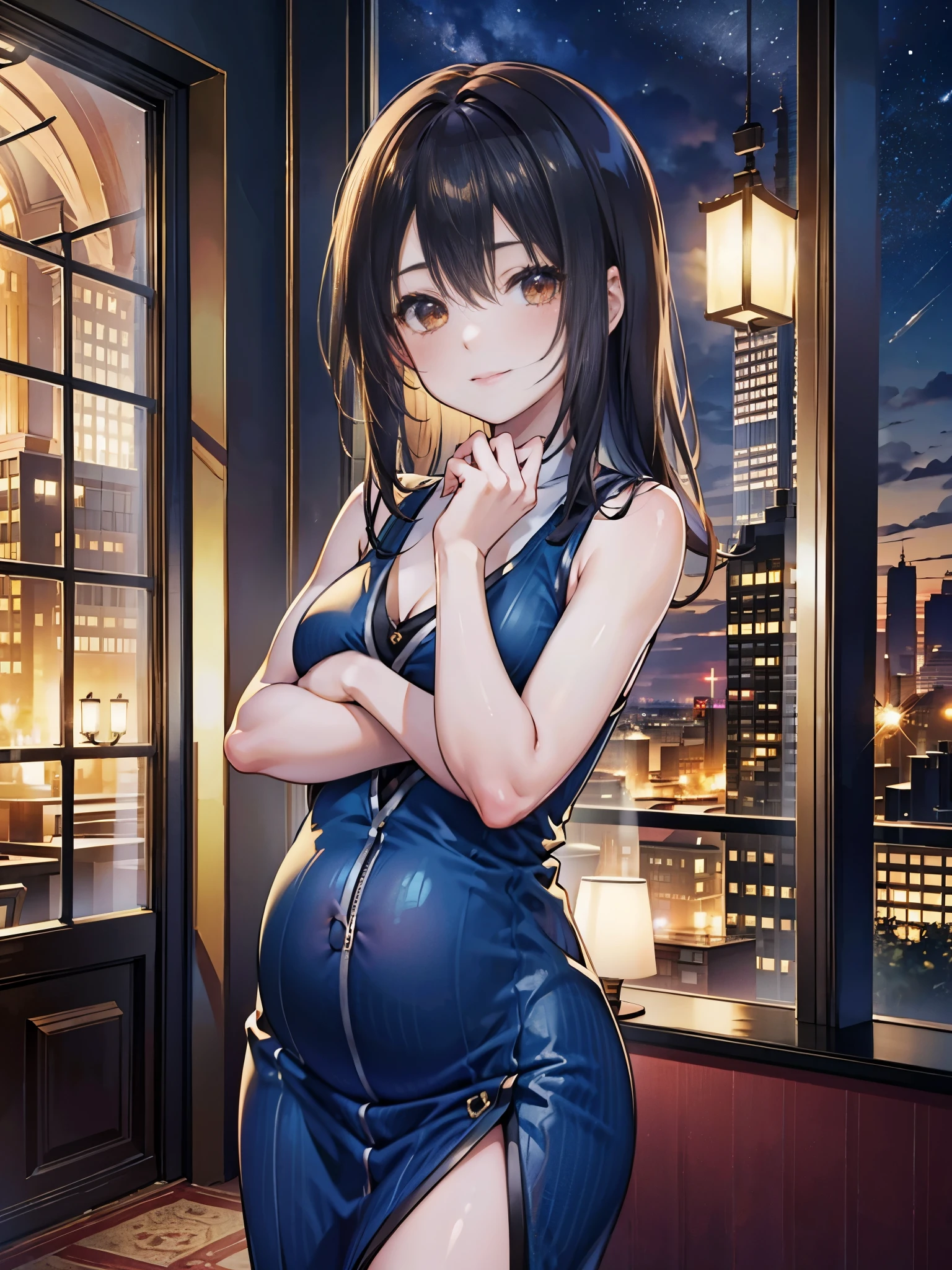 High Resolution, High Quality, High detail, hotel scene, night, 1girl, rinoa, large Breasts, red vest, looking at viewer, head tilted, slight smile, stretching arms up, small pregnant belly