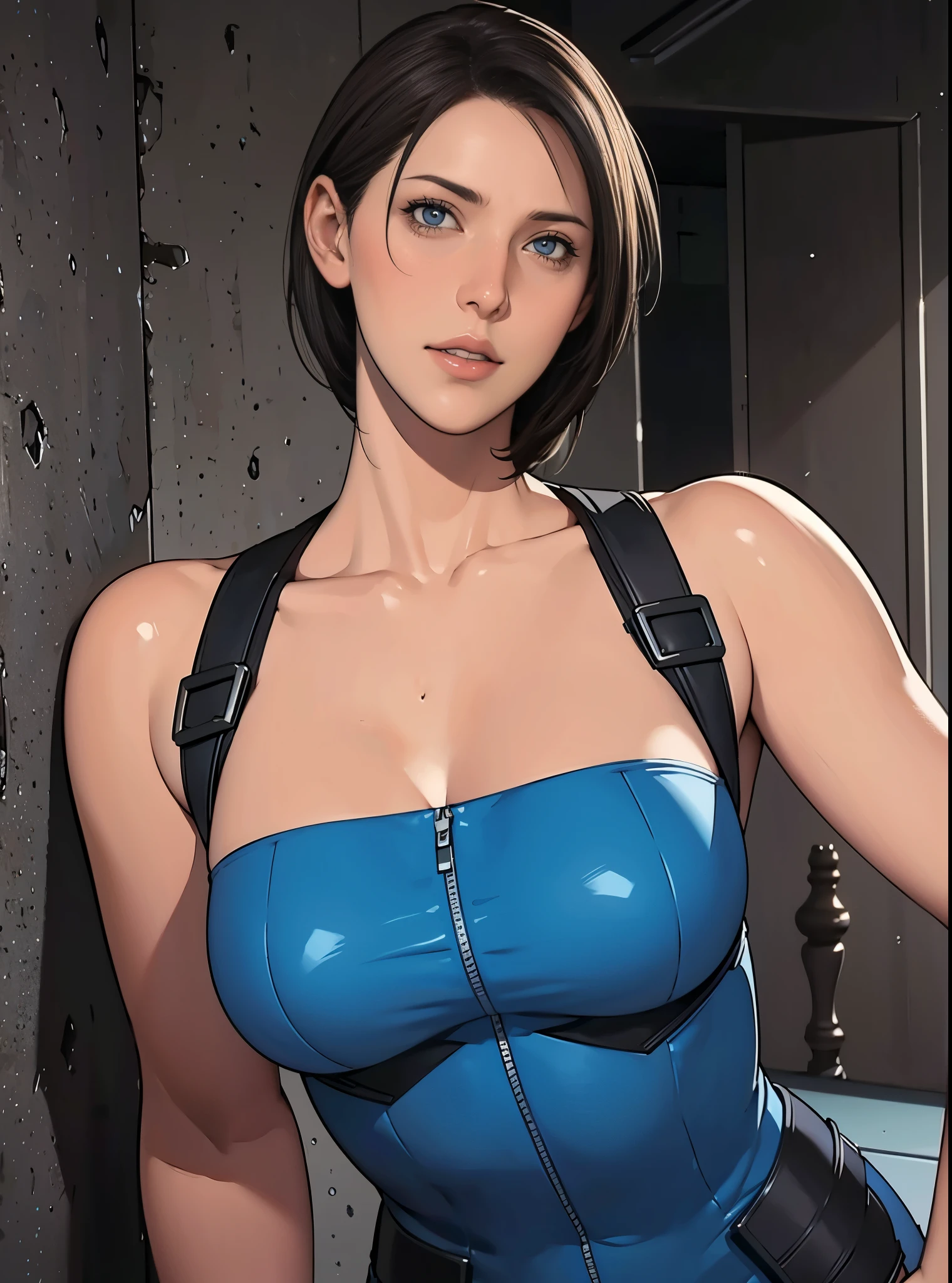 jill Valentine，Jill Valentine， delicate face ， pretty eyes，outfits，bust，Slim waist，Hands on hips，Good figure， perfect figure ，masterpiece