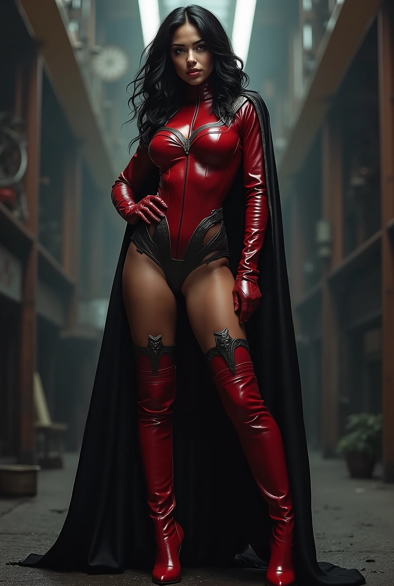 Cardinal, a beautiful woman with (dark skin) wearing a black and red bodysuit, long sleeves, leggings. Athletic, huge breasts, wide hips. Short curly black hair, batons, utility belt, bracers. Cheerful. Short mini half cape. Confident.