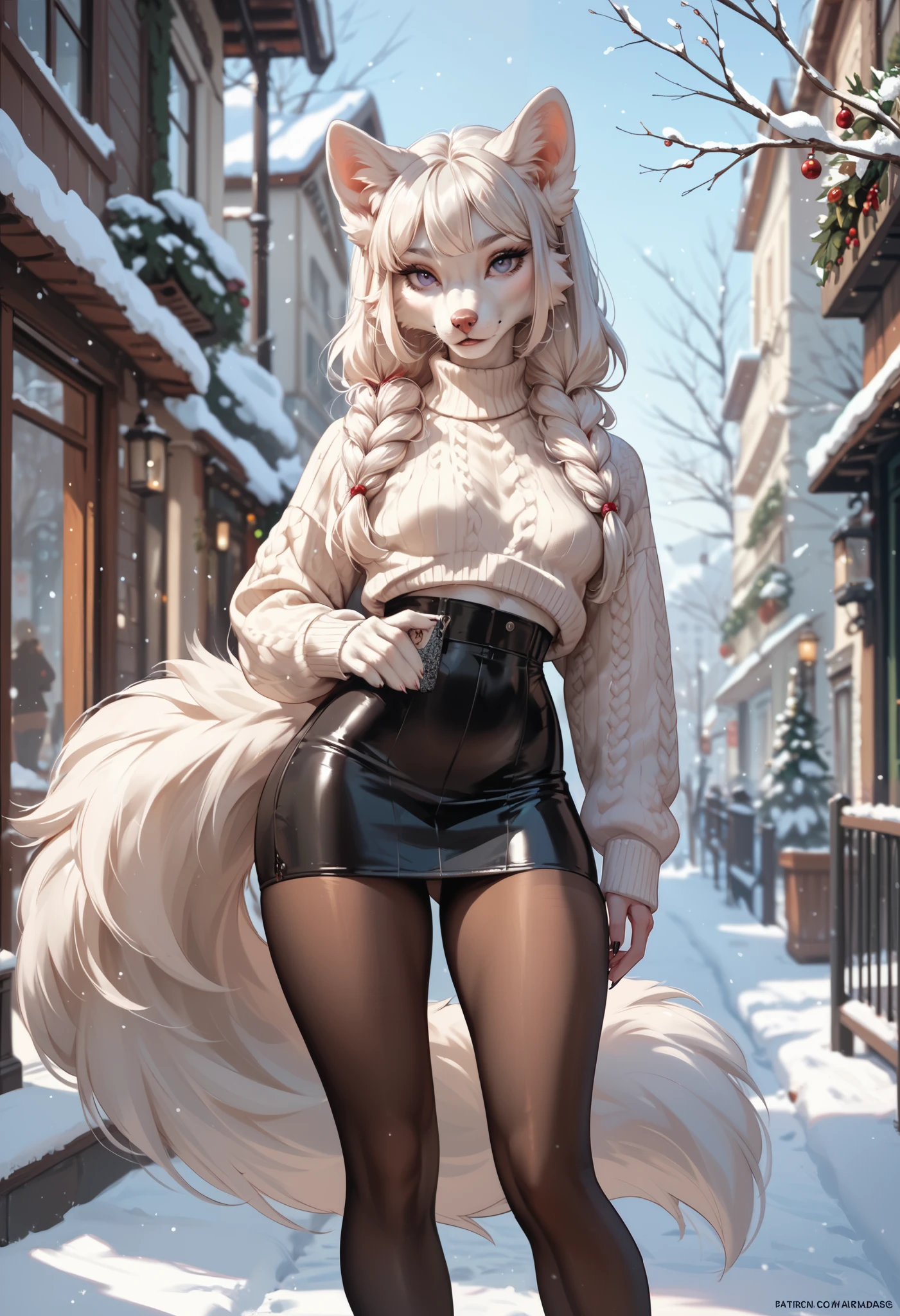 2 furry girls, tight skirt, pantyhose, furry, fluffy tail, slim waist, wide hips, large butt, small perky breasts, sweater, paws, winter, white fur, beautiful hair, seductive eyes