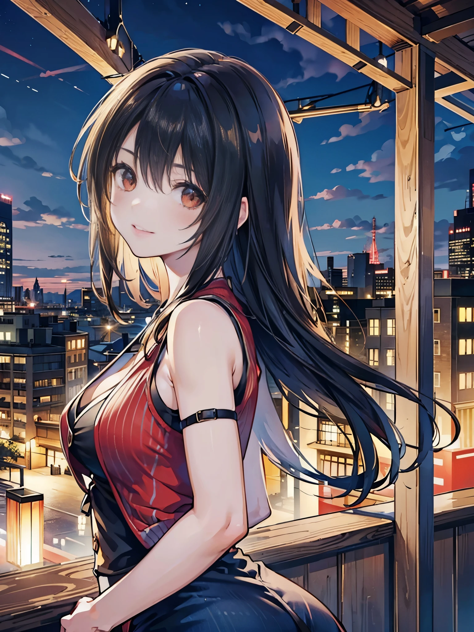 High Resolution, High Quality, High detail, roof scene, night, 1girl, rinoa, large Breasts, red vest, looking at viewer, head tilted, slight smile, hands behind back