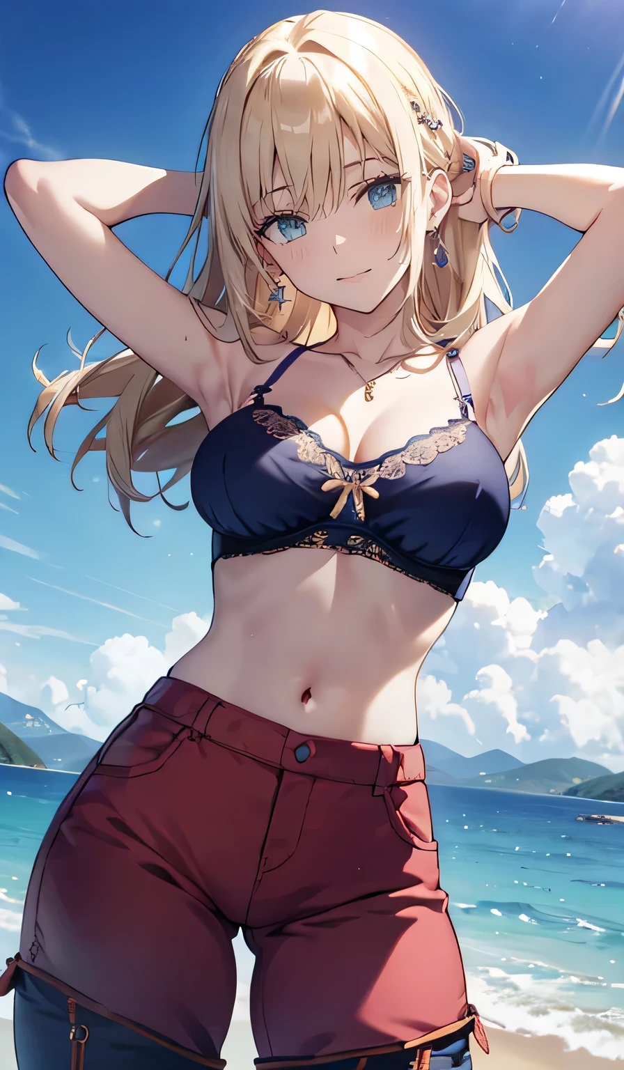 ((smile,smile,Big Breasts,Blonde)),(  top quality,4K,  High Definition :1.2),   Melody Mark, absurd ,  ultra-detailed,  bright color , (bra camisole:1.5) ,(hot pants:1.5)  asymmetrical bang ,  Blonde,  shiny hair, Delicate beautiful face, blush、( deep blue eyes:1.3),  white skin,  hair clip,  earrings for a woman alone,   Necklaces  , Beautiful Clouds, Clear sky,Seaside, sexy pose , moon,Sexy Costumes