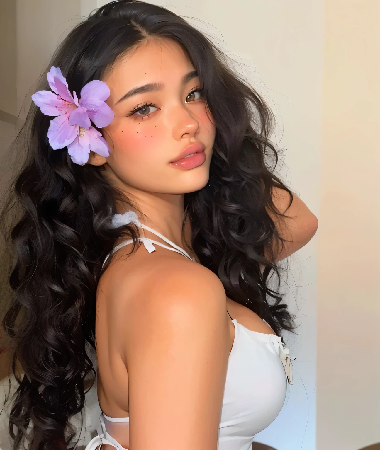 arafed woman with a flower in her hair posing for a picture, pokimane, madison beer, madison beer girl portrait, soft devil queen madison beer, isabela moner, zendaya, portrait of zendaya, portrait sophie mudd, with long curly hair, cynthwave, wavy hair spread out, with flowers, :: madison beer, curly bangs