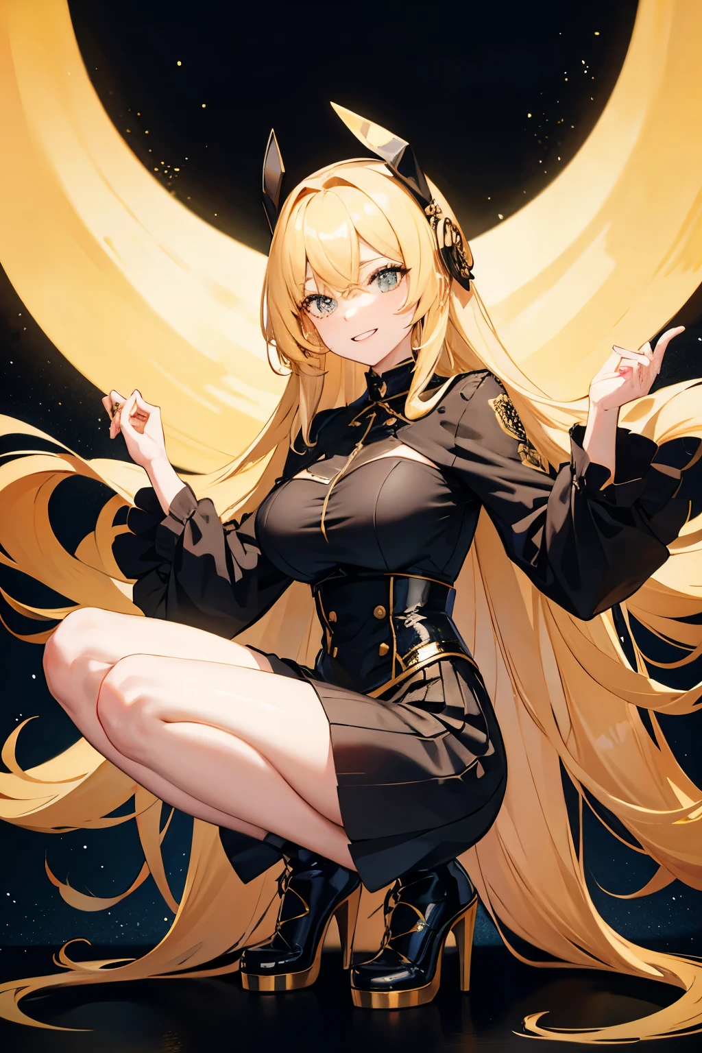 A girl, long blonde hair, large breasts, blonde pointed Neko cat ears, lime green light cat eyes, long red painted fingernails, wearing a black collar with bells, a red crop top with a deep neckline, a black short mini skirt with black tights, high black heeled boots, with a blonde cat tail, stands tall in a city, high res, ultrasharp, 8K, masterpiece