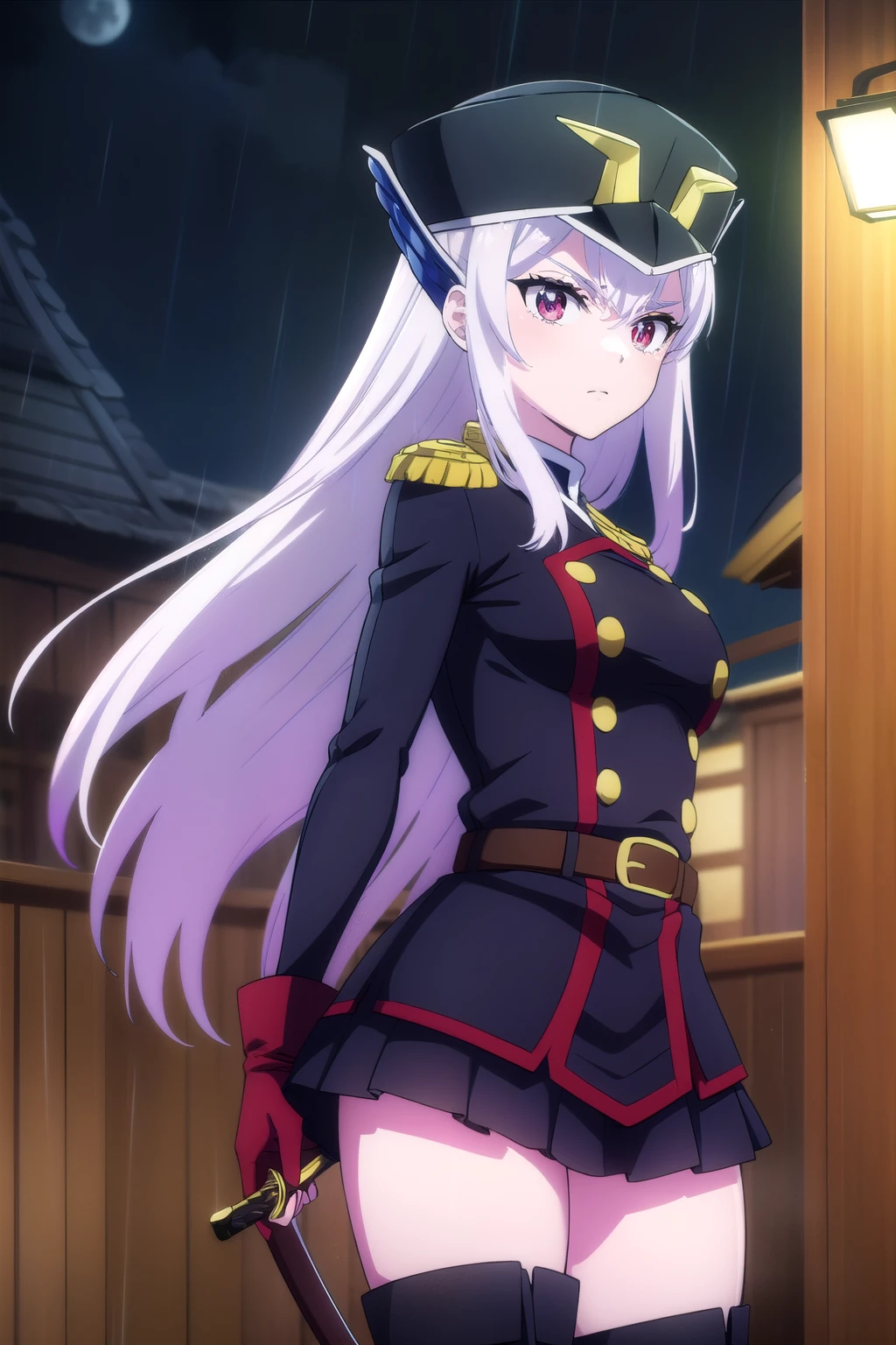 kyoukazen ,  kyouka uzen ,  long hair, ( red eyes :1.3), very  long hair,  grey hair, BREAK thighhighs, gloves, has, boots, belt, a sword, uniform,  zettai ryouiki, military, military uniform, thigh boots, shako hat, BREAK outdoors, Night, rain, Japanese streets . \(sky\), moon, BREAK looking at viewer, ( cowboy shot:1.5), BREAK ( masterpiece :1.2),  top quality ,  high definition , обои unity 8k, (illustration:0.8), (beautiful,  detailed eyes:1.6),  extremely detailed face ,  perfect lighting ,  extremely detailed CG, (perfect hands ,  perfect anatomy ,  Big chest and ass ), Идет по японской улице Nightю под дождем.  There is a slight sadness on my face .  There are tears in the corners of my eyes . 