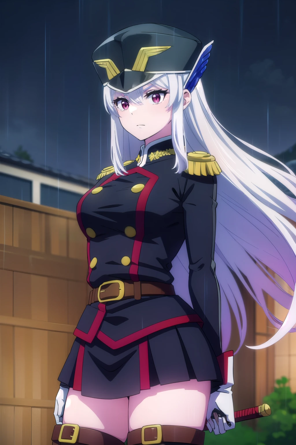 kyoukazen ,  kyouka uzen ,  long hair, ( red eyes :1.3), very  long hair,  grey hair, BREAK thighhighs, gloves, has, boots, belt, a sword, uniform,  zettai ryouiki, military, military uniform, thigh boots, shako hat, BREAK outdoors, Night, rain, Japanese streets . \(sky\), moon, BREAK looking at viewer, ( cowboy shot:1.5), BREAK ( masterpiece :1.2),  top quality ,  high definition , обои unity 8k, (illustration:0.8), (beautiful,  detailed eyes:1.6),  extremely detailed face ,  perfect lighting ,  extremely detailed CG, (perfect hands ,  perfect anatomy ,  Big chest and ass ), Идет по японской улице Nightю под дождем.  There is a slight sadness on my face .  There are tears in the corners of my eyes . 