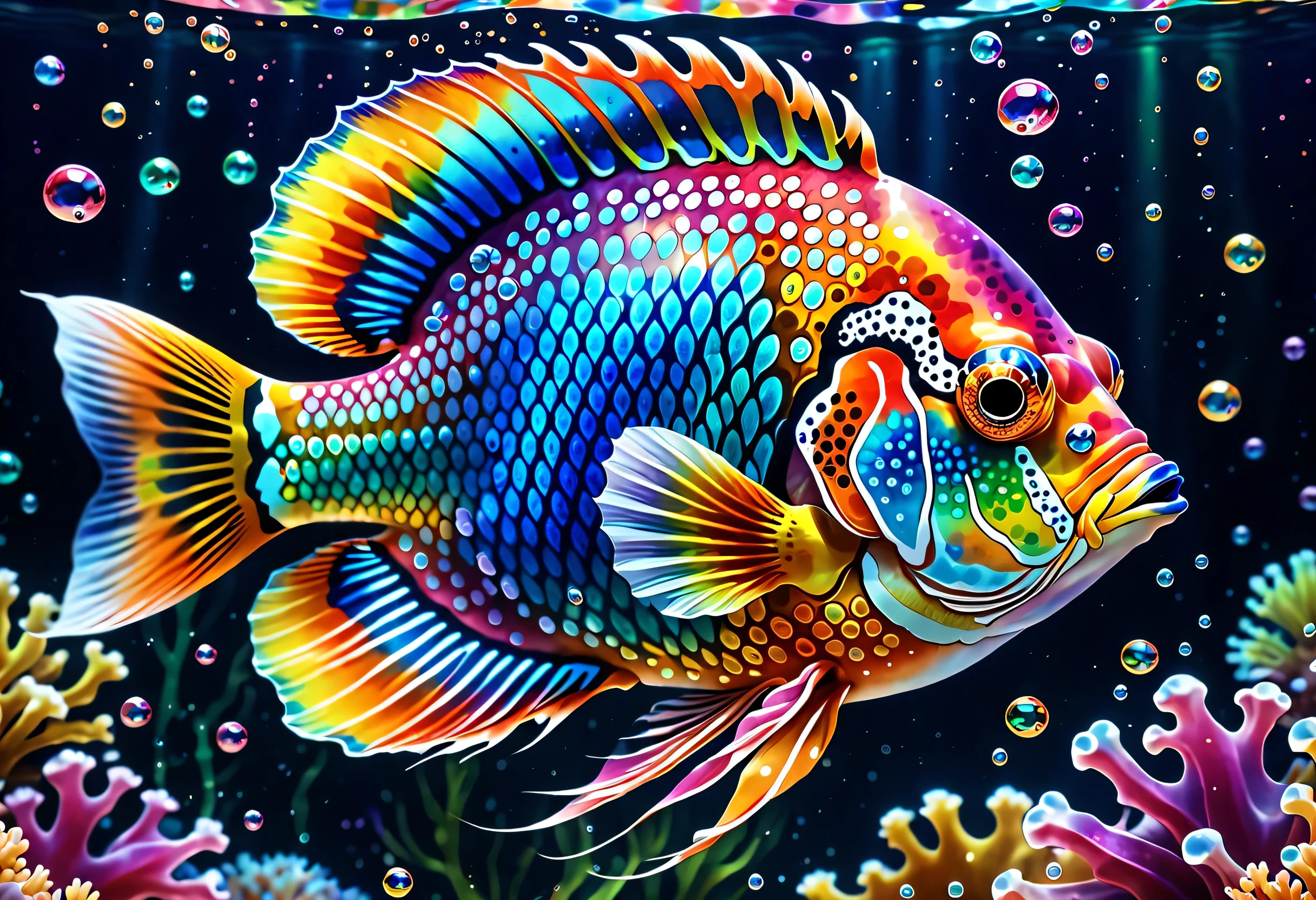 a close up of a  Colorful Fish  in the water with bubbles,  Colorful Fish , tropical fish,  rare fish , 3 days 8 kilos , Octa 8k,  three quarter views,  colorful and detailed , Gem Fish, 5th, 5D,  is cool, watercolor painting underwater , 8k3 days , 8k3d, 8k 3D