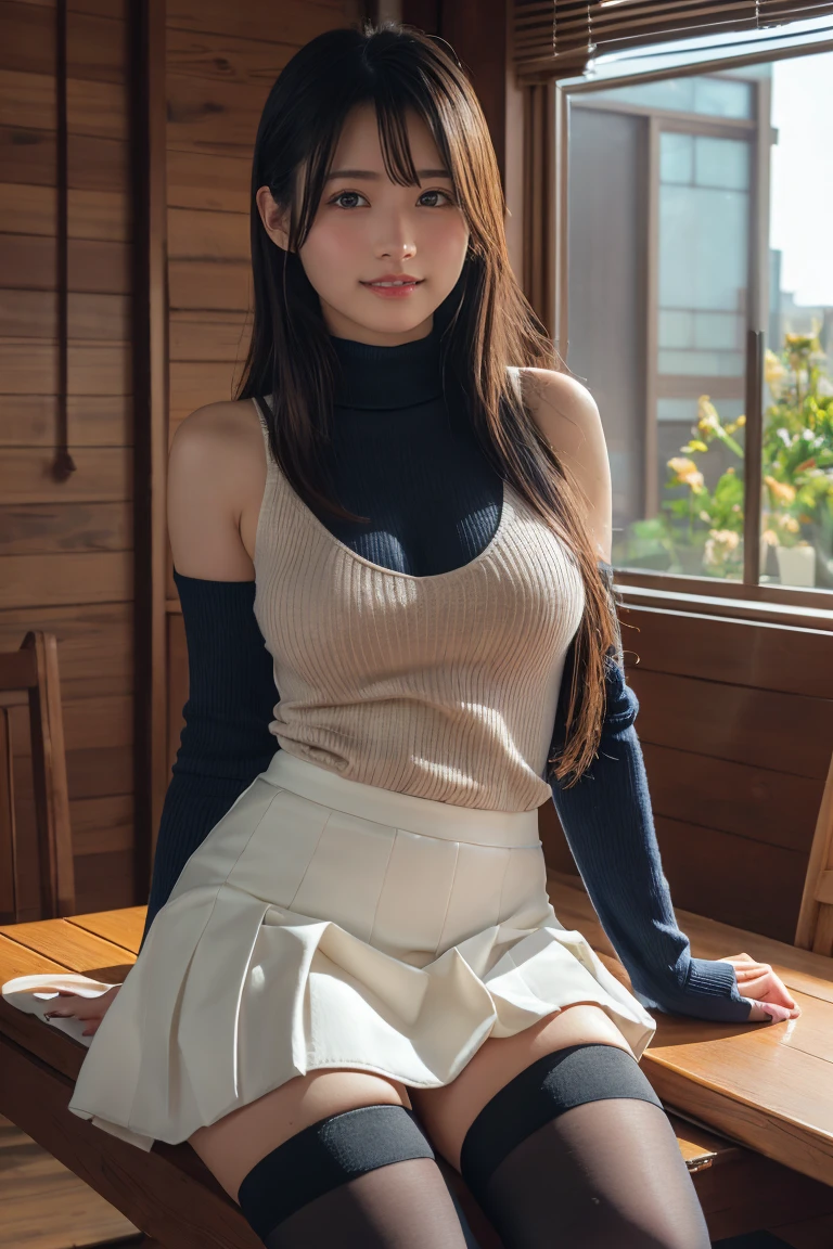 
(tabletop, highest quallity, high resolution, , pixel perfect, 4K,), 1 girl, Solteiro, standing alone, beautfull woman、I could see the whole body、 ((medium length wavy hair, bangss, chestnut hair)), ((eyes browns, Beautiful eyelashes, realisitic eyes)), ((face detailed, blush:1.2)), ((soft texture:0.75, realisitic texture:0.65, realisitic:1.1, anime CG style)), Medium chest, dynamic angle, perfectbody, ((, Female teacher, , aretes、necklase、high collar sweater、Dark blue flared skirt、black knee high socks、、、a shy smile)), Great、、、natta、、Bring your arms together to emphasize your chest、leaning forward、low angle)、