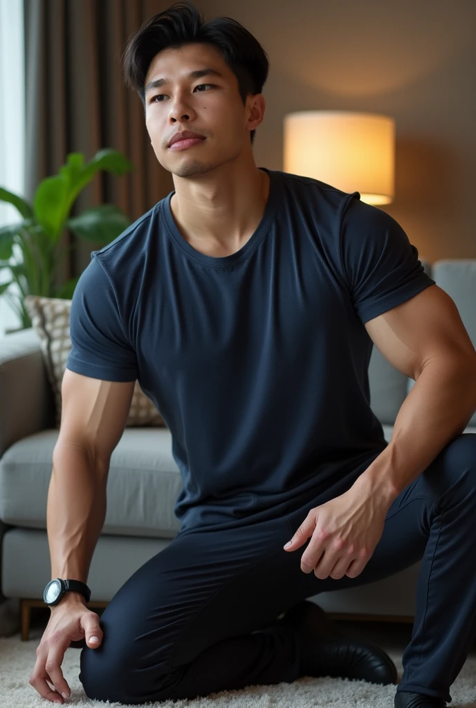 1 man, handsome , smile, (halter neck t-shirt , black shirt only ,long-sleeved shirt), black sweatpants, Korean guy, chest muscles, large arm muscles, blood vessel, Big muscles, Broad shoulders, looking at the audience, Balancing the eyes, (in modern house:1.3)