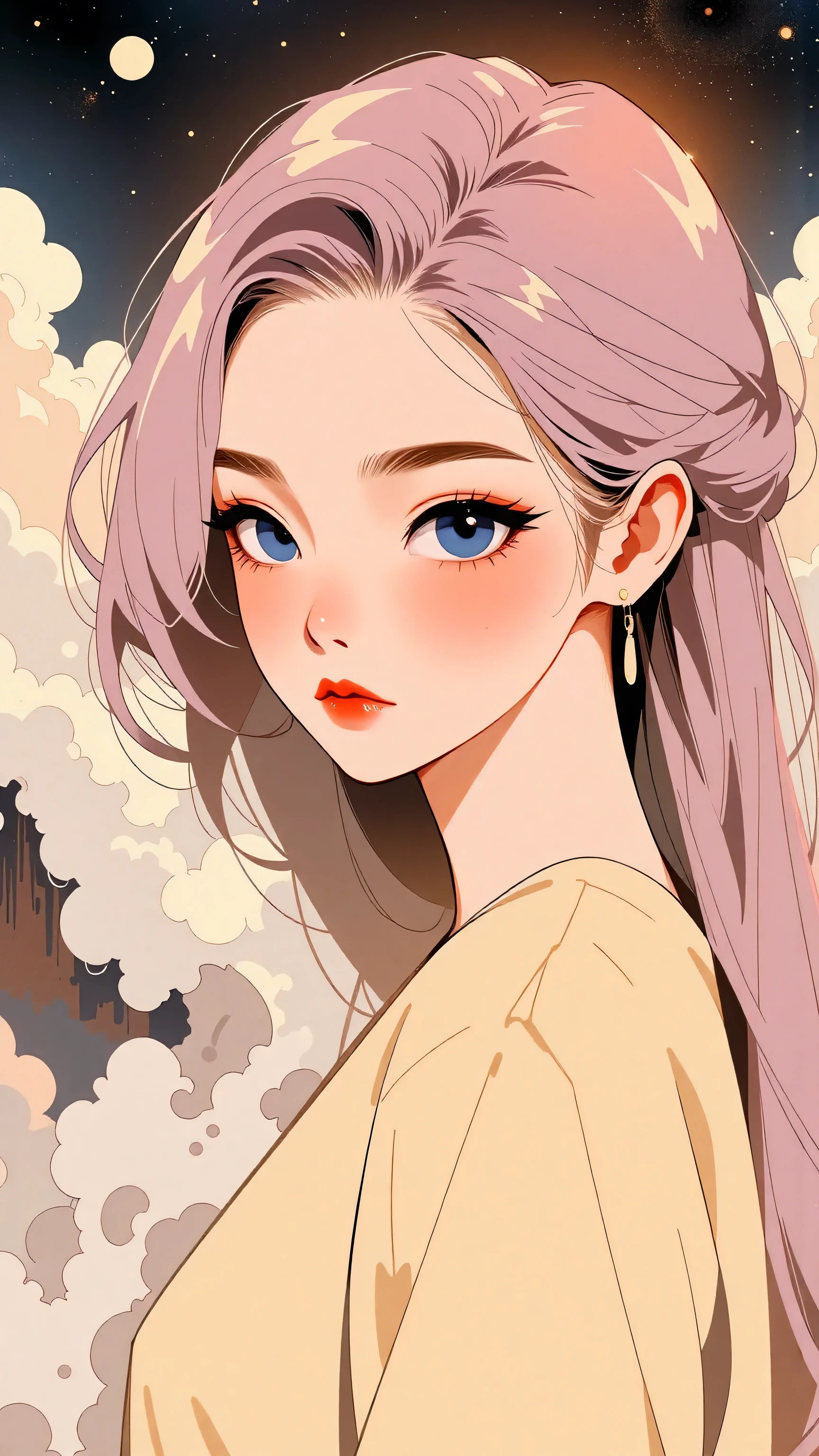 (Japanese girl:1.3), beautiful detailed eyes, beautiful detailed lips, extremely detailed eyes and face, long eyelashes, upper body, from side, looking at viewer, (fractal art:1.3), (rainbow color hair, colorful hair, half pink and half gold hair:1.2), water, liquid, cloud, colorful, starry, stars, (best quality, 4k, 8k, highres, masterpiece:1.2), ultra-detailed, (realistic, photorealistic, photo-realistic:1.37), vibrant colors, studio lighting, extremely detailed description, professional, concept art, surreal, 1920s french vibe, monochromatic gold and pink palette, in the style of french illustrator moebius, 