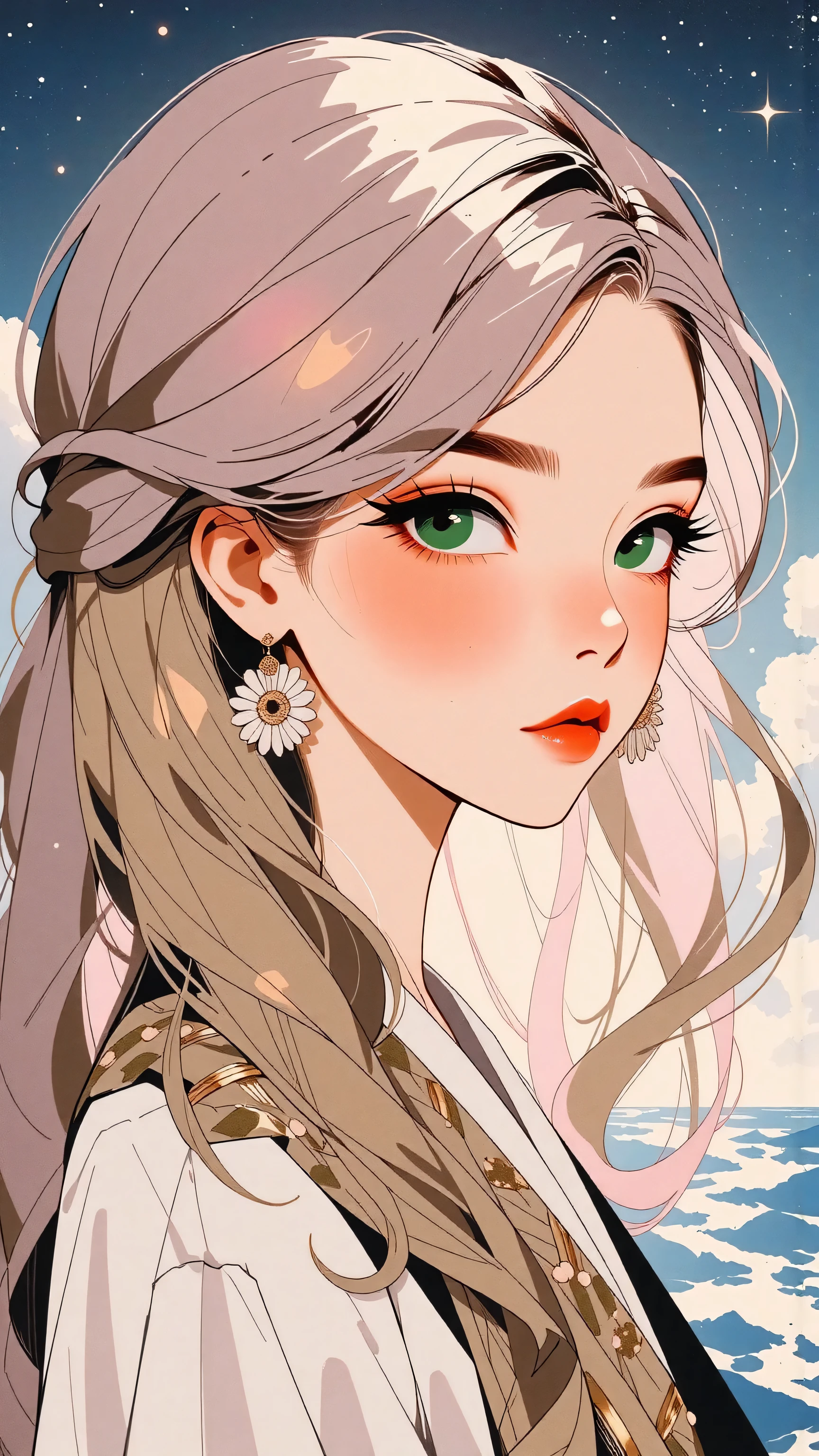 (Japanese girl:1.3), beautiful detailed eyes, beautiful detailed lips, extremely detailed eyes and face, long eyelashes, upper body, from side, looking at viewer, (fractal art:1.3), (rainbow color hair, colorful hair, half pink and half gold hair:1.2), water, liquid, cloud, colorful, starry, stars, (best quality, 4k, 8k, highres, masterpiece:1.2), ultra-detailed, (realistic, photorealistic, photo-realistic:1.37), vibrant colors, studio lighting, extremely detailed description, professional, concept art, surreal, 1920s french vibe, monochromatic gold and pink palette, in the style of french illustrator moebius, 