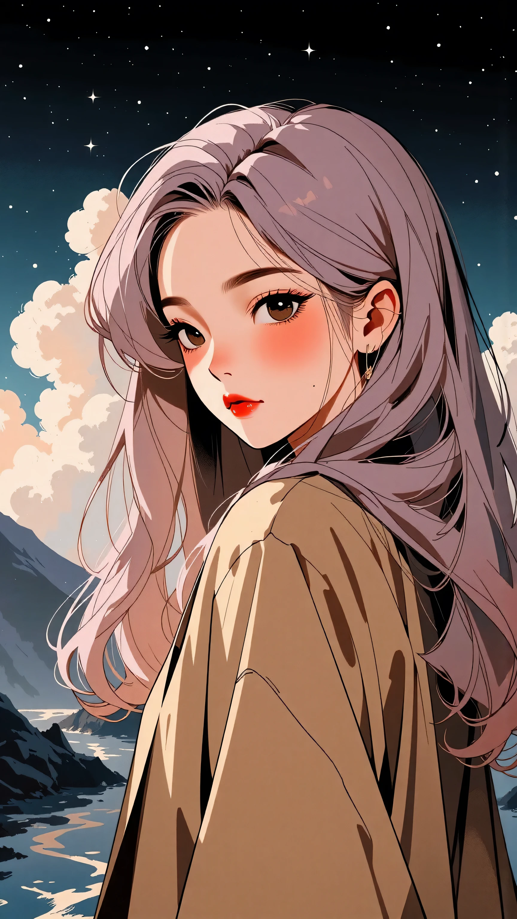 (Japanese girl:1.3), beautiful detailed eyes, beautiful detailed lips, extremely detailed eyes and face, long eyelashes, upper body, from side, looking at viewer, (fractal art:1.3), (rainbow color hair, colorful hair, half pink and half gold hair:1.2), water, liquid, cloud, colorful, starry, stars, (best quality, 4k, 8k, highres, masterpiece:1.2), ultra-detailed, (realistic, photorealistic, photo-realistic:1.37), vibrant colors, studio lighting, extremely detailed description, professional, concept art, surreal, 1920s french vibe, monochromatic gold and pink palette, in the style of french illustrator moebius, 