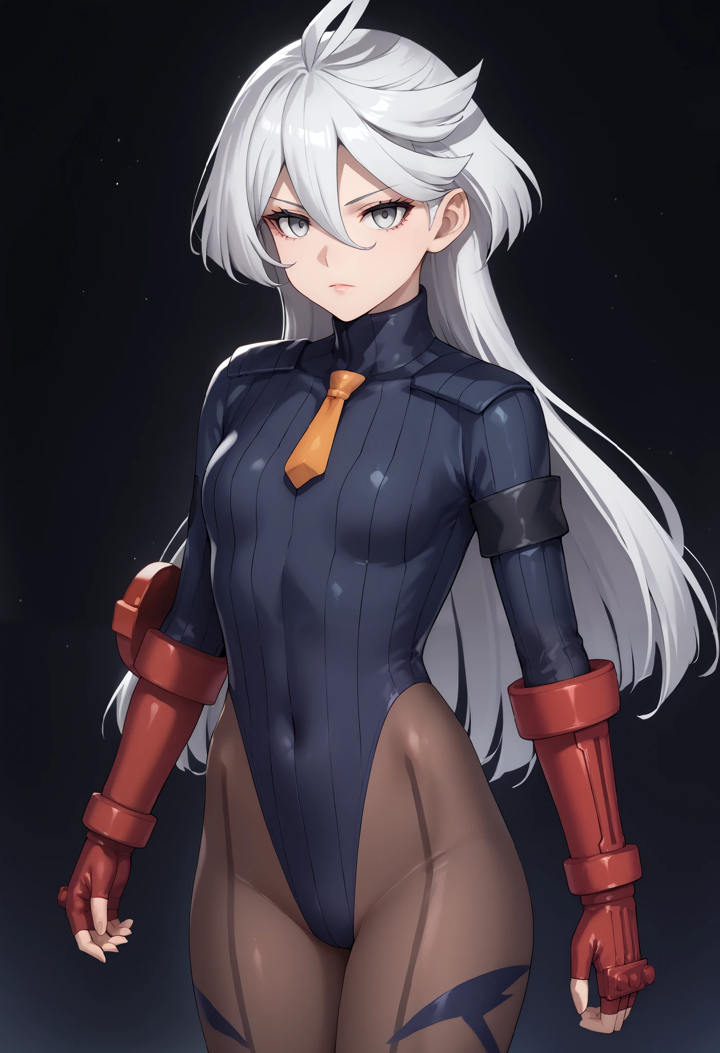 score_9, score_8_up, score_7_up, score_6_up, source_anime, 1 girl, miorine rembran, ahoge, grey eyes, detailed eyes,grey hair, hair between eyes, long hair, swept bangs, dark dollsuit, pantyhose,(seamed legwear), front view,cowboy shot, looking at viewer, fist bump,brofist,raised leg,punch,expressionless,void eyes,simple background