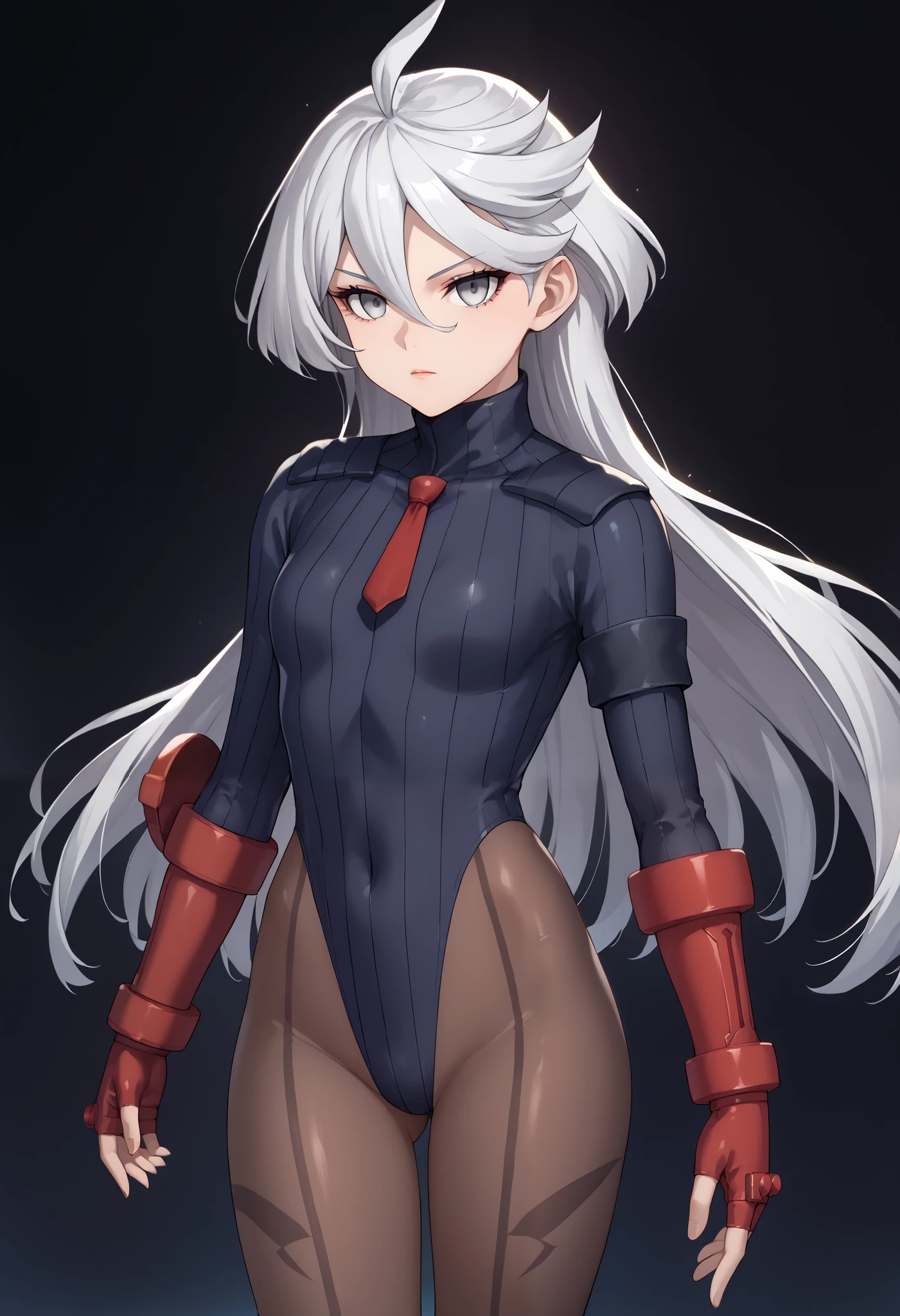 score_9, score_8_up, score_7_up, score_6_up, source_anime, 1 girl, miorine rembran, ahoge, grey eyes, detailed eyes,grey hair, hair between eyes, long hair, swept bangs, dark dollsuit, pantyhose,(seamed legwear), front view,cowboy shot, looking at viewer, fist bump,brofist,raised leg,punch,expressionless,void eyes,simple background