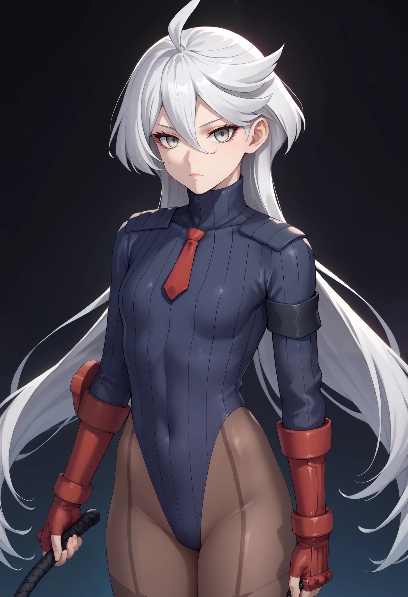 score_9, score_8_up, score_7_up, score_6_up, source_anime, 1 girl, miorine rembran, ahoge, grey eyes, detailed eyes,grey hair, hair between eyes, long hair, swept bangs, dark dollsuit, pantyhose,(seamed legwear),cowboy shot, looking at viewer, (holding whip),expressionless,void eyes,simple background