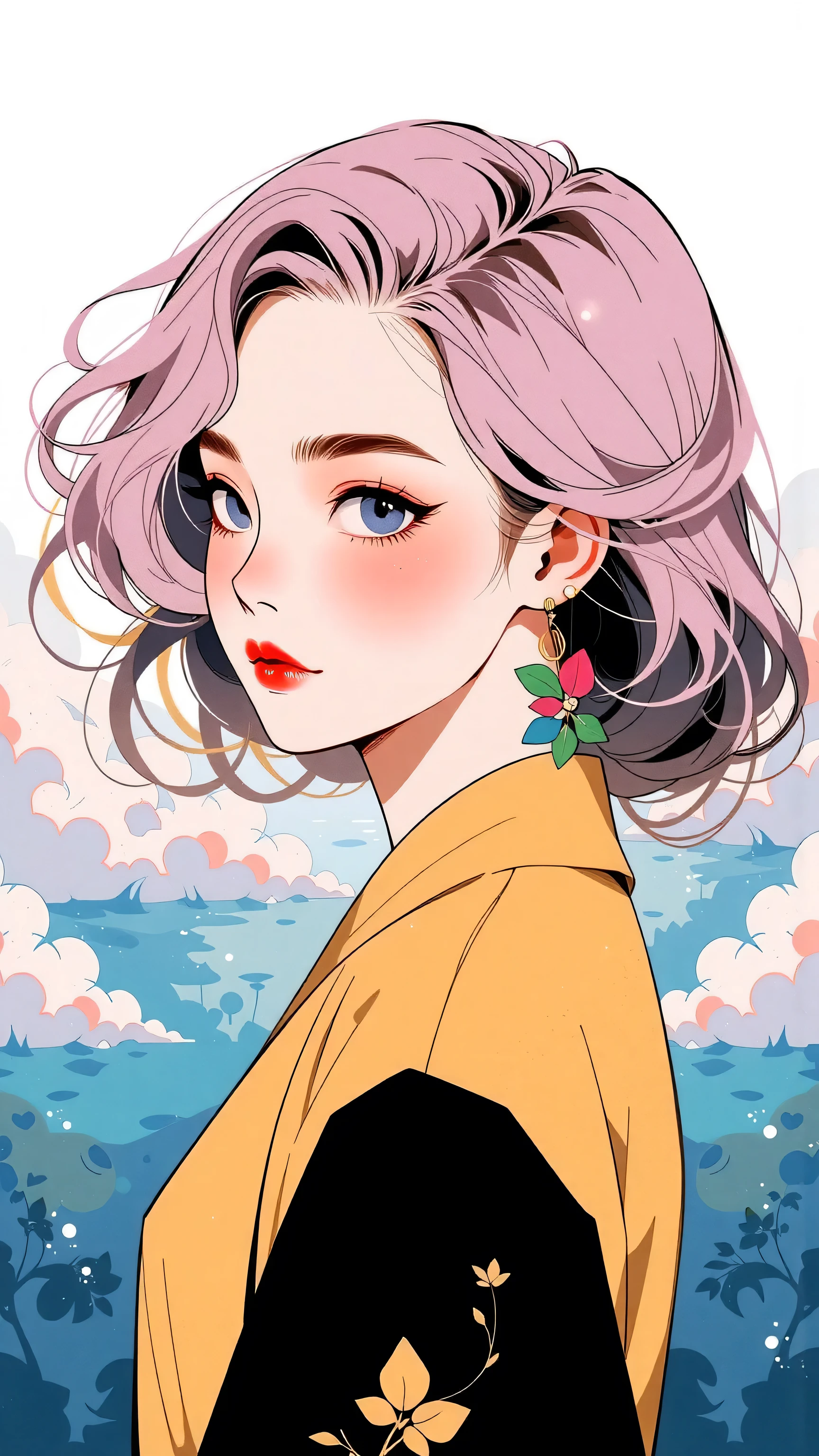 (Japanese girl:1.3), beautiful detailed eyes, beautiful detailed lips, extremely detailed eyes and face, long eyelashes, upper body, from side, looking at viewer, (fractal art:1.3), (rainbow color hair, colorful hair, half pink and half gold hair:1.2), water, liquid, cloud, colorful, starry, stars, (best quality, 4k, 8k, highres, masterpiece:1.2), ultra-detailed, (realistic, photorealistic, photo-realistic:1.37), vibrant colors, studio lighting, extremely detailed description, professional, concept art, surreal, 1920s french vibe, monochromatic gold and pink palette, in the style of french illustrator moebius, 