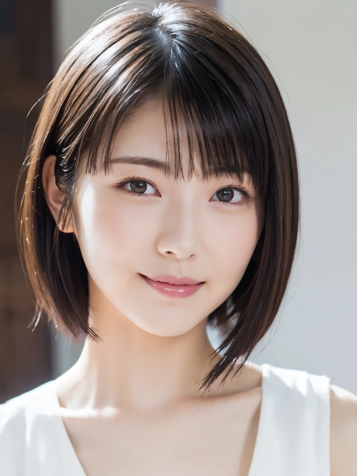 ( super beautiful girl :1.2),   neat and clean woman  ,   masterpieces during breakfast ,  top quality, Great Skin, delicate face,  cool smile, Young Face,  clean looking ,  Sparkling Eyes ,  double eyelids ,  plump breasts 、 (( high definition )), (( High Definition CG Unity 8k Wallpaper )),  short hair to be shouldered, bangs,  Elegant rounded bob ,  Face Facing Front、 Portrait of a woman dressed in white, An attractive and captivating ,  dim room, sentimental、