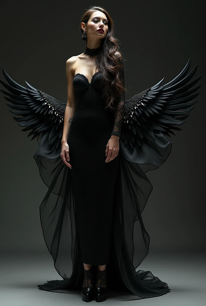 Ultra-realistic nsfw sexy angelic figure: A dark angel with wings spread a gloomy, dark smoke setting