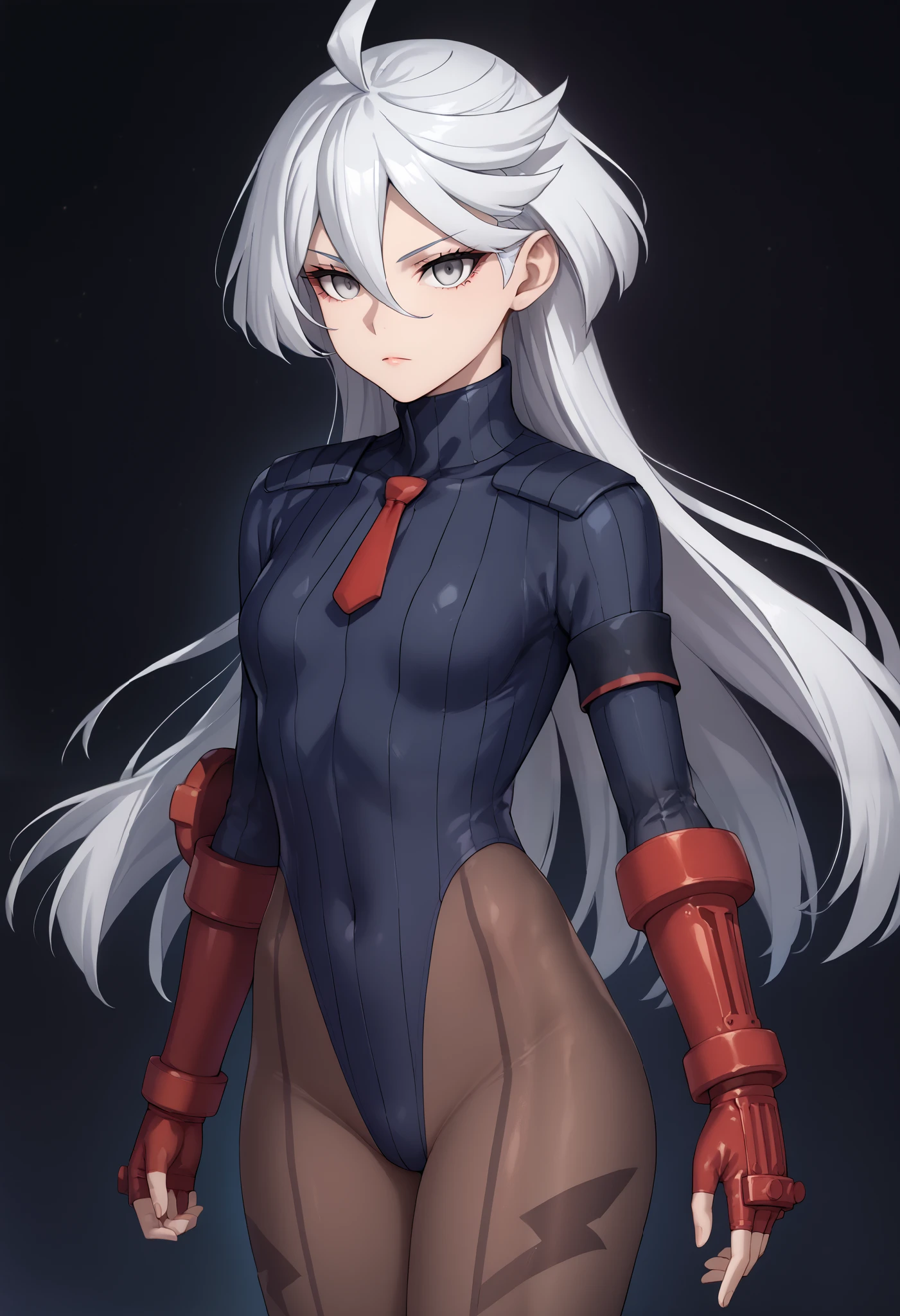 score_9, score_8_up, score_7_up, score_6_up, source_anime, 1 girl, miorine rembran, ahoge, grey eyes, detailed eyes,grey hair, hair between eyes, long hair, swept bangs, dark dollsuit, pantyhose,(seamed legwear), front view,cowboy shot, looking at viewer, fist bump,brofist,raised leg,punch,expressionless,void eyes,simple background