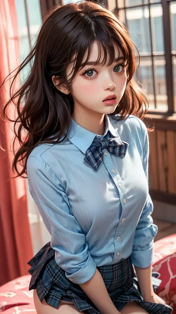 cowboy shot, from front, look at viewer, 
((nsfw)), (((skirt tug, wind lift:1.2))), 
(long hair:1.3, messy hair:1.2, silver hair), swept bangs, 
1 girl, high school girl, cute and symmetrical face, shiny skin, 
shiny pink cheeks, glossy pink lips, pink eyeshadow, Dark mascara, 
((symmetrical clothing, light blue collared shirts, grey pleated skirt, blue plaid bow tie), pink panty), black socks, 
(beautiful scenery), day time, school rooftop, 
Colorful background, HD background, Blurred Background, Fantastic, Epic Scale, 
high quality, masterpiece, 4k, 8k, raw photo, Highly Detailed Face and Skin Texture, 
Depth of written boundary, Very elegant and beautiful, Perfect detail, Super detailed, Beautifully detailed whole body, 
