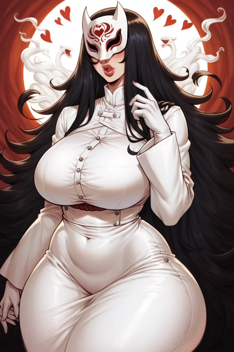 rating_explicit heat body, A white ghost, tall, milf, white skin, Long hair, black hair, white monk uniform, long sleeves, wearing a yokai mask, covered eyes, detailed eyes, heart shaped lips. senos enormes, bottomheavy, gigantic ass, massive thighs,(obra maestra, altamente detallado, la mejor calidad, 8k), corrupted monk, (crptedmonk)