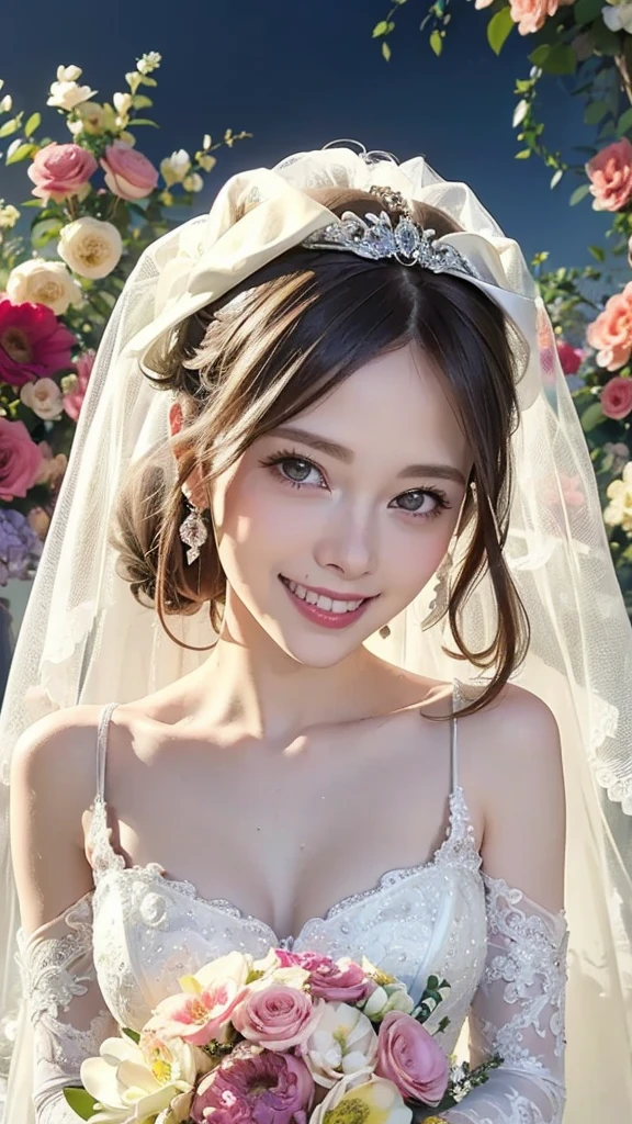 cowboy shot, from front, look at viewer, 
short twin tails, Shiny hair, Bright colors, Asymmetrical bangs, 
1 girl, Cute girl, Shiny skin, White skin, ((happy smile)), 
shiny pink cheeks, glossy pink lips, pink eyeshadow, Dark eyeliner, Dark mascara, 
Earrings, 
Beautiful skyline, (Magnificent sky), 
(L'Atelier Mariage wedding dress:1.4), (Wedding veil:1.3), 
Church view, Lake, (Colorful flowers and plants:1.3), 
Colorful background, HD background, Blurred Background, Fantastic, Epic Scale, 
high quality, masterpiece, 4k, 8k, raw photo, Highly Detailed Face and Skin Texture, 
Depth of written boundary, Very elegant and beautiful, Perfect detail, Super detailed, Beautifully detailed whole body, 
