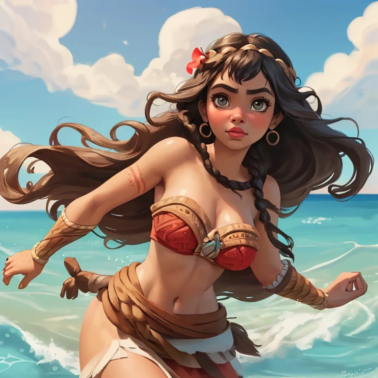 Beautiful girl on the beach, bikini, beautiful physique, aesthetics of the female body, a lot of details, super detailing, very cute face, twenty years, steampunk elements, sea, sun, beach, splashing water on the skin, developing hair, clouds in the sky