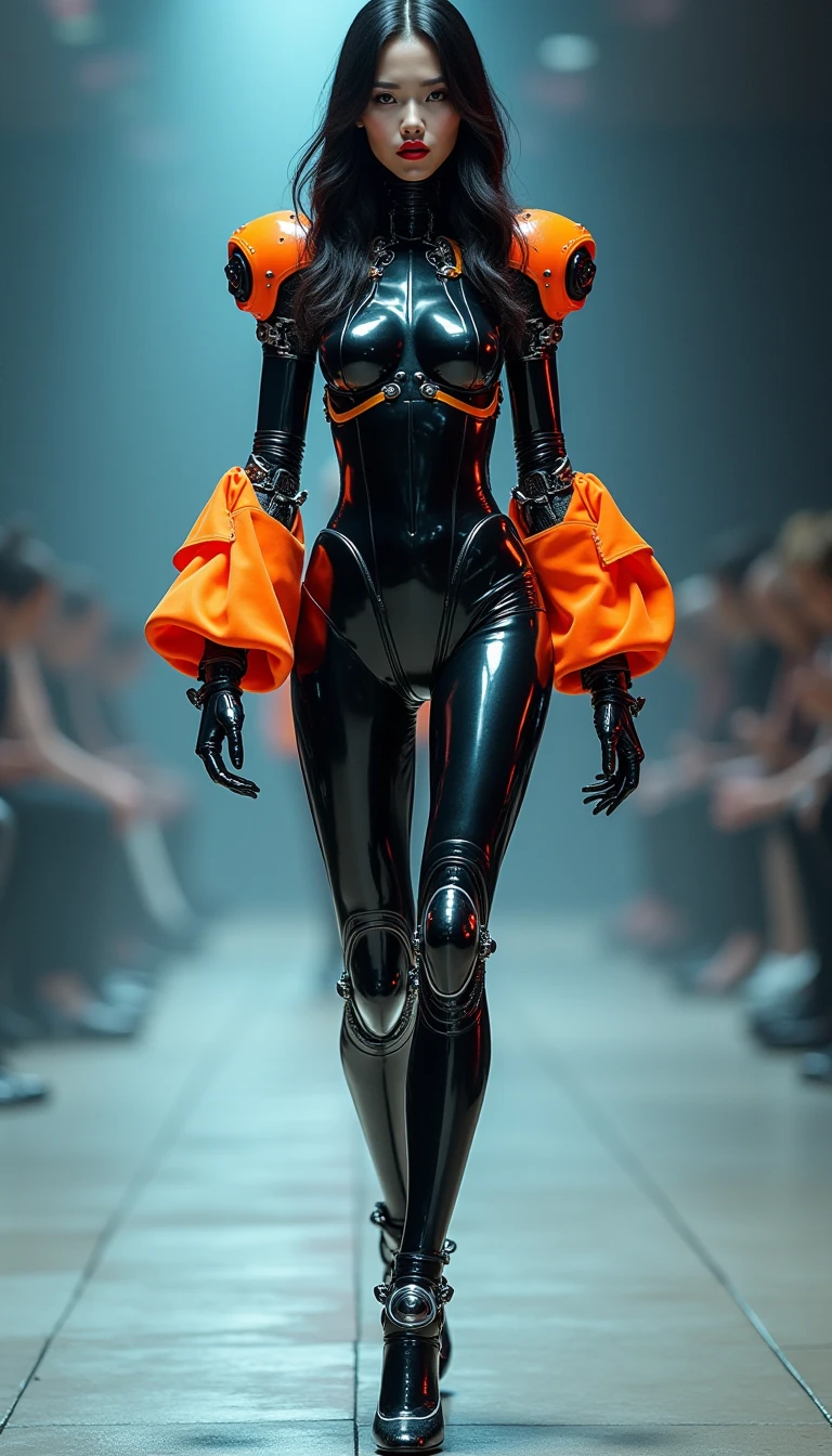 a woman wearing an exo-skeleton mask on a fashion runway, vibrant neon lighting, teenage model, intricate mechanical design, high-tech futuristic cyberpunk style, dynamic pose, dramatic lighting, colorful dystopian background, detailed metal textures, glossy wet look, hyper-realistic, 8k, photorealistic, cinematic, masterpiece