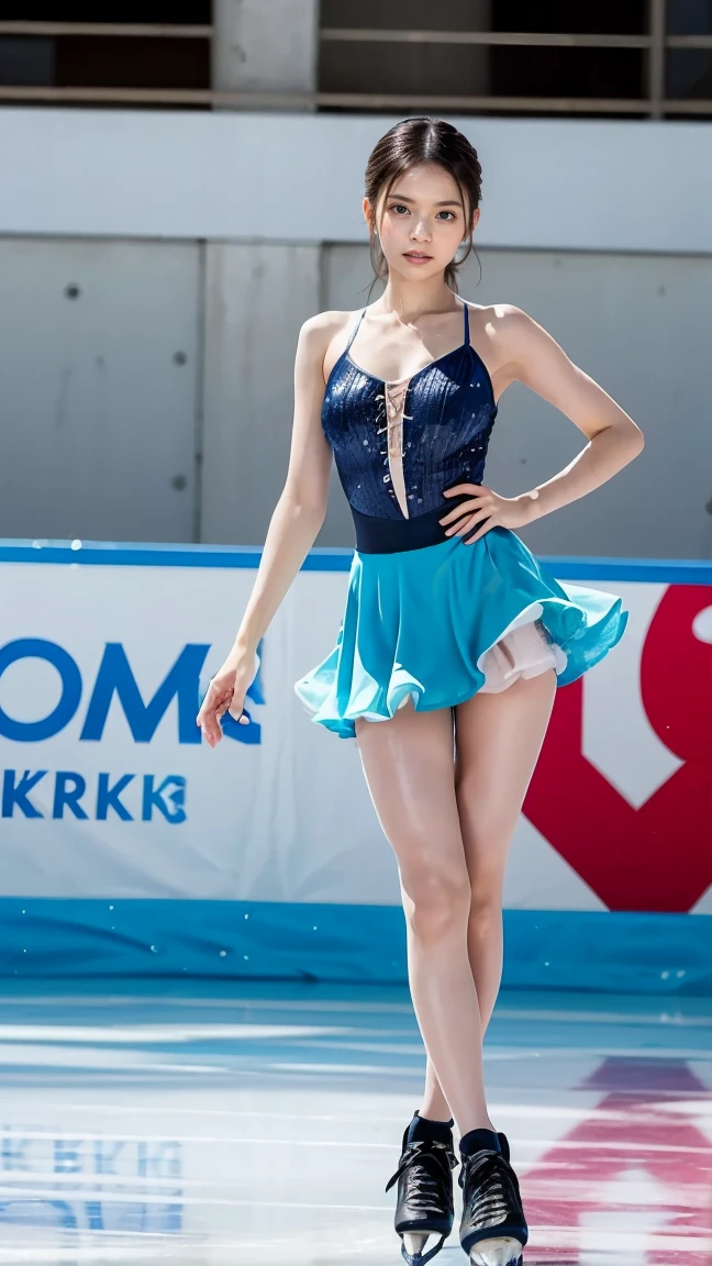 (8k, best quality:1.3), (extremely detailed:1.2), perfect anatomy, beautiful Japanese woman, 18 years old, healthy thighs, beautiful legs, beautiful skin, random hair color, random hairstyle, large breasts, (she is standing:1.2), female figure skater, figure skating outfit, (miniskirt:1.3), full body shot, skate shoes, skating rink, Asuka Saito