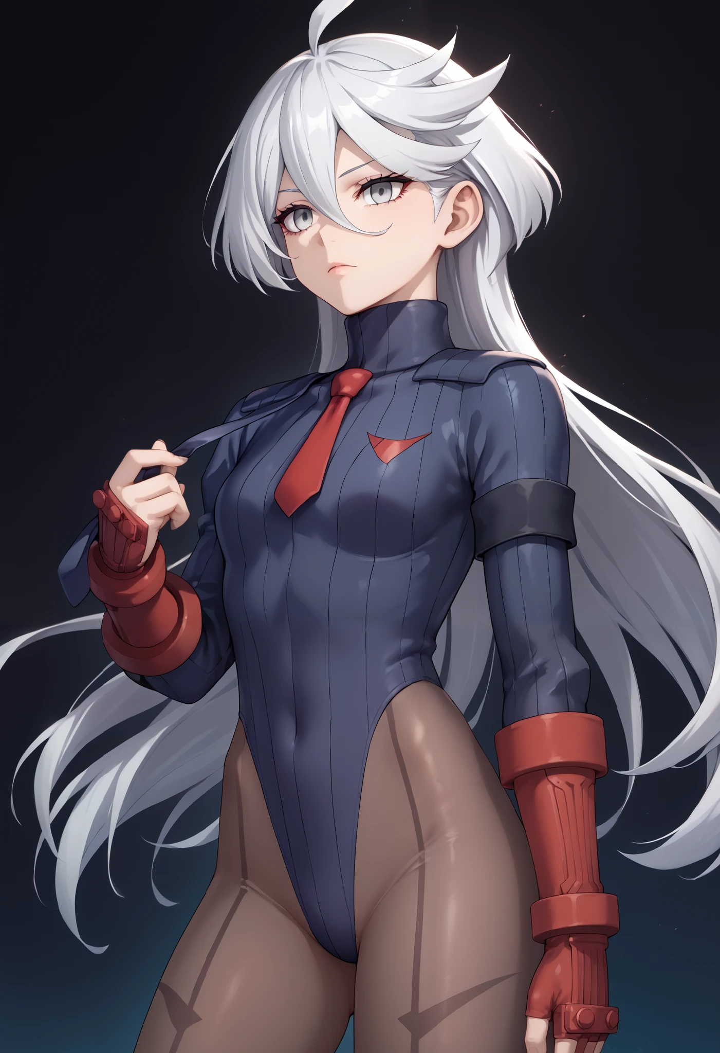 score_9, score_8_up, score_7_up, score_6_up, source_anime, 1 girl, miorine rembran, ahoge, grey eyes, detailed eyes,grey hair, hair between eyes, long hair, swept bangs, dark dollsuit, pantyhose,(seamed legwear),cowboy shot,head down, (necktie grab),expressionless,void eyes,simple background