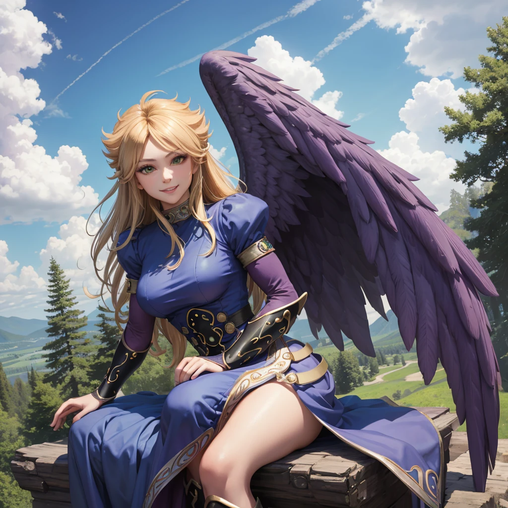 masterpiece, best quality, bofNina, purple wings, blue dress, bridal gauntlets, knee boots, sitting, sky, clouds, forest, alluring smile 