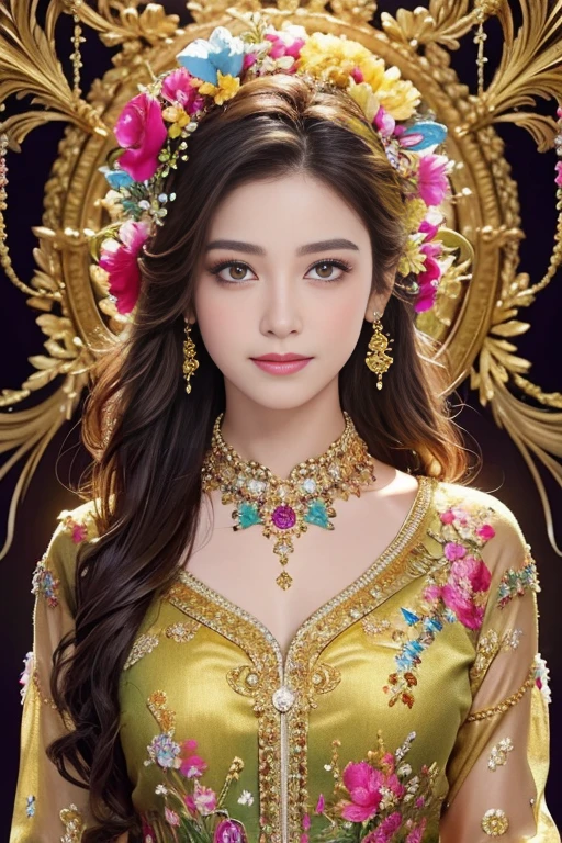  masterpiece ,  High quality,  official art, beautiful 1 boy ,  very detailed ,  fractal art ,  Colorful , The most detailed, Sparkling gold jewelry,  Colorful  floral shirts , Pose with movement,  Details Beautiful and gentle face, Beautiful details and gentle eyes, extremely fine grained transparency,  symmetrical eyes  , natural smile, floral outfit around her .