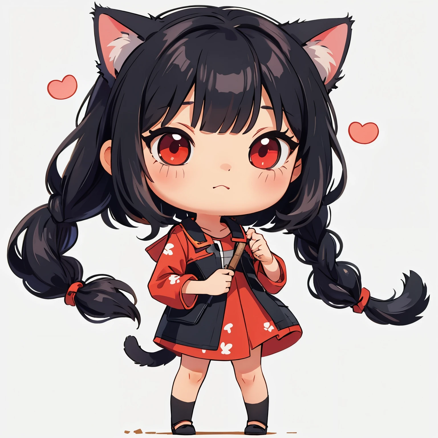 ( masterpiece , better quality :1.2),
1 girl, Chibi, black hair, straight bangs , cat ears, red eyes, full body, simple background , fondo blanco,