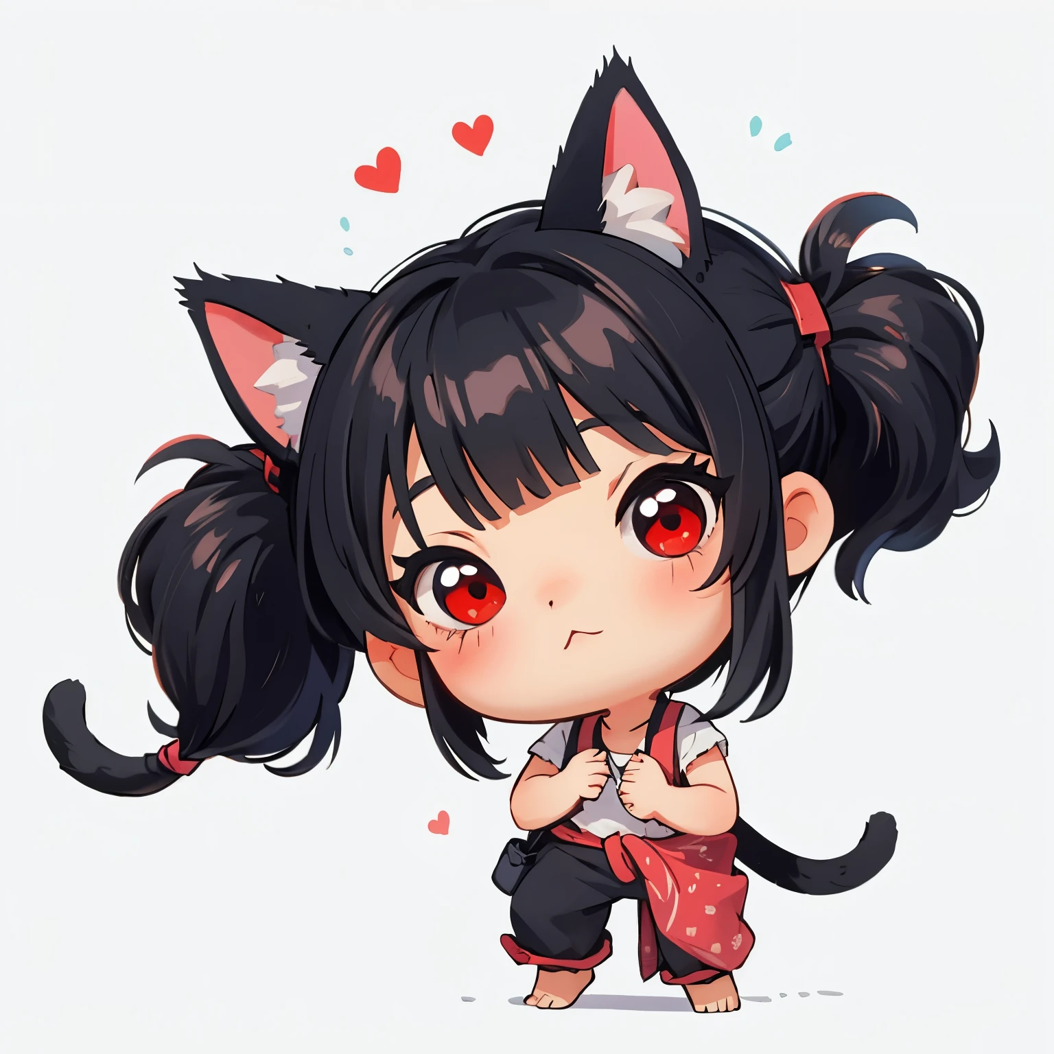 ( masterpiece , better quality :1.2),
1 girl, Chibi, black hair, straight bangs , cat ears, red eyes, full body, simple background , fondo blanco,